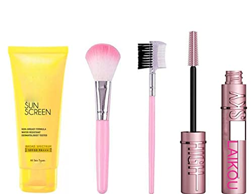 Ultra Matte Sun Lotion Cream & Natural Look Sky High Volume Mascara Set - Waterproof, Easy Curling Lash Sensational with Pink Face Makeup Brush (Pack of 4) | Perfect for Beach Days, Outdoor Activities & Long-Lasting Makeup Looks