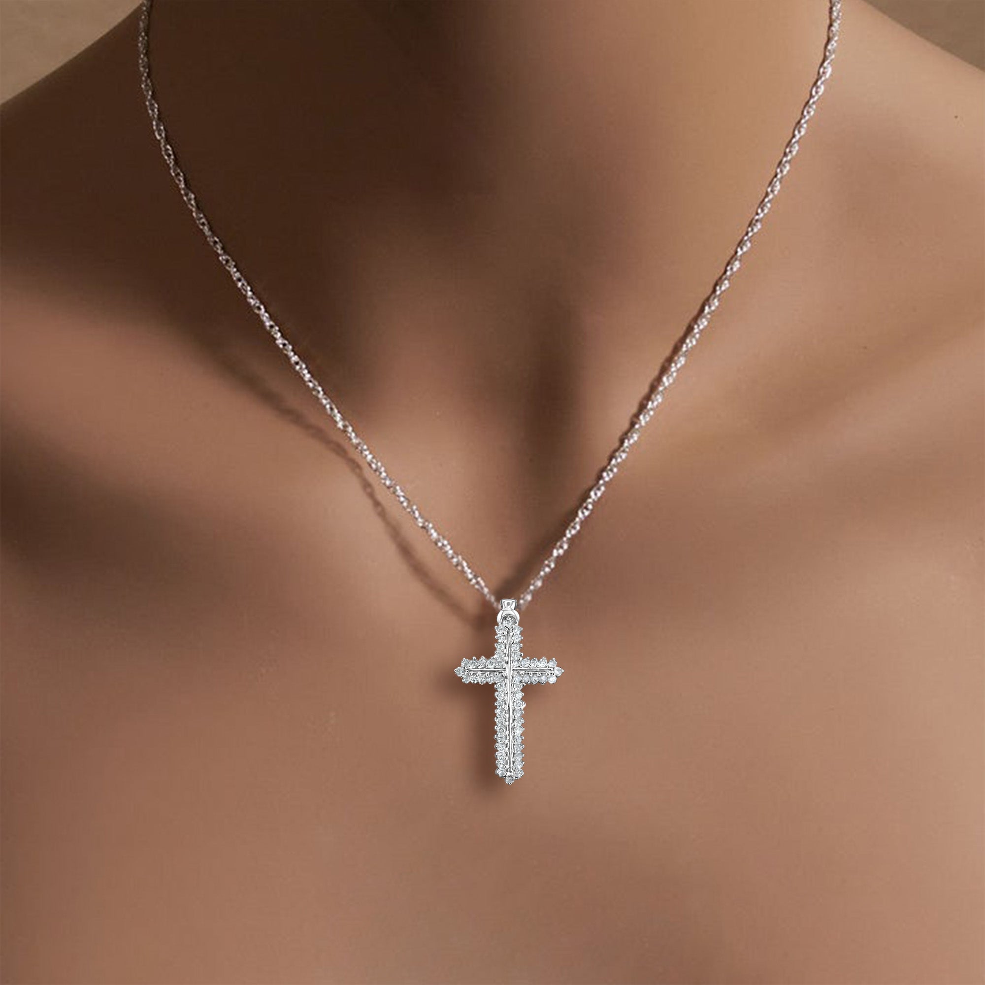14K White Gold Diamond Cross Pendant Necklace .84cttw - Elegant Religious Jewelry for Women, Perfect for Baptism, First Communion & Everyday Wear