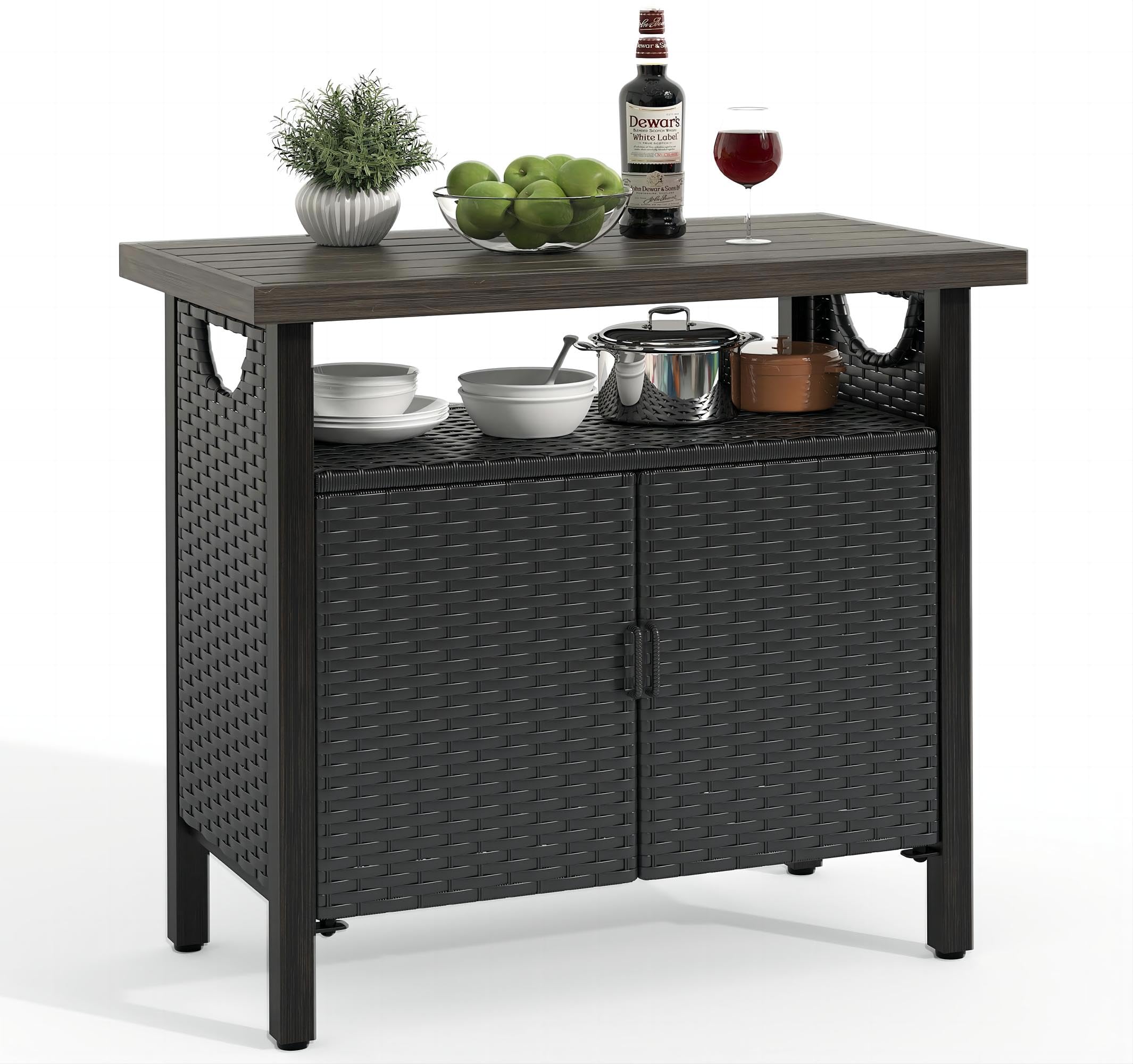 YITAHOME Outdoor Storage Cabinet with 2 Doors & Shelves - Weatherproof Wicker Patio Bar Table for Cushions, Pool Tools & Garden Supplies - Black | Perfect for Backyard, Deck & Poolside Storage Organization