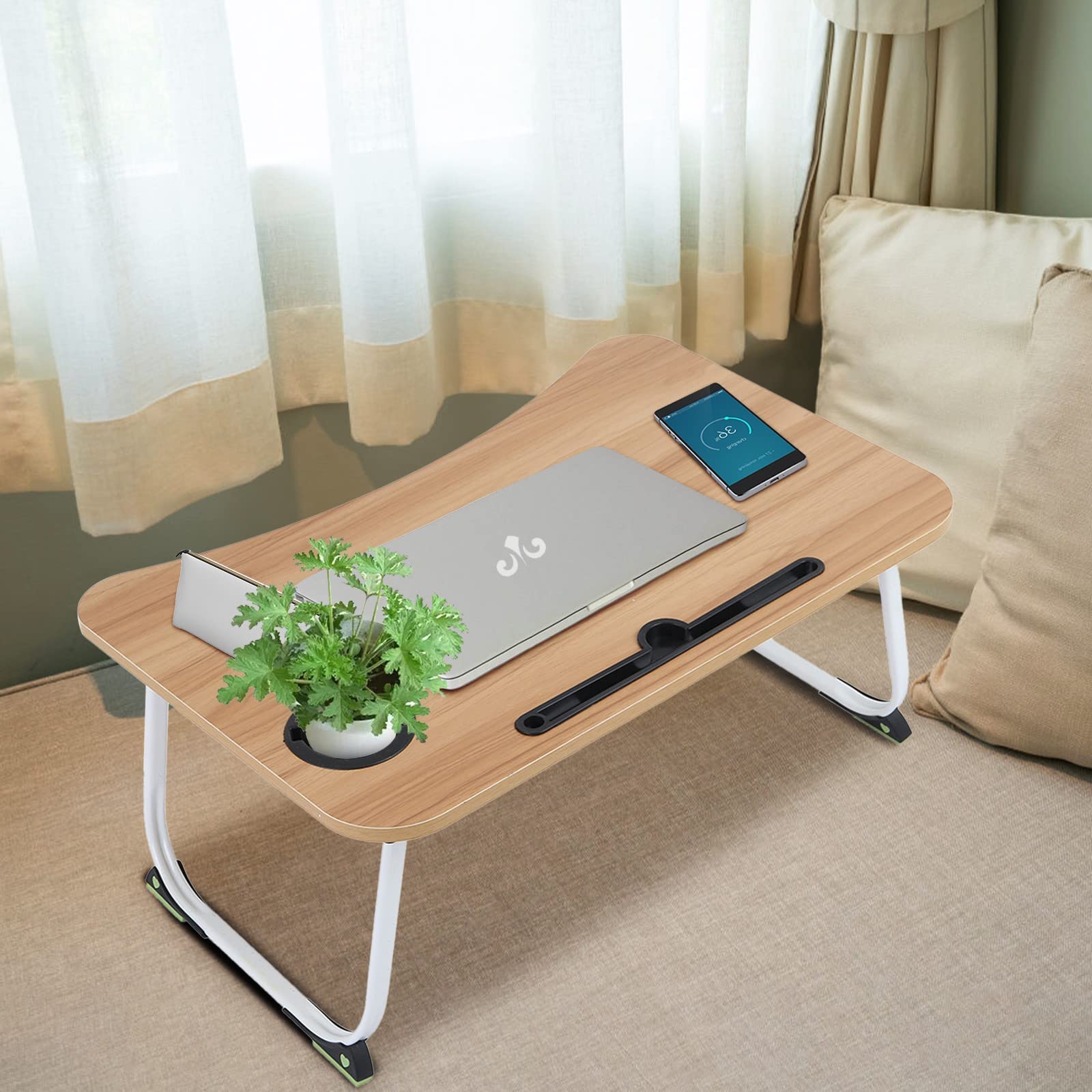 Feterr Foldable Portable Laptop Bed Desk with Drawer - Multifunctional Wooden Computer Table for Home Office, Bedroom, and Leisure Use