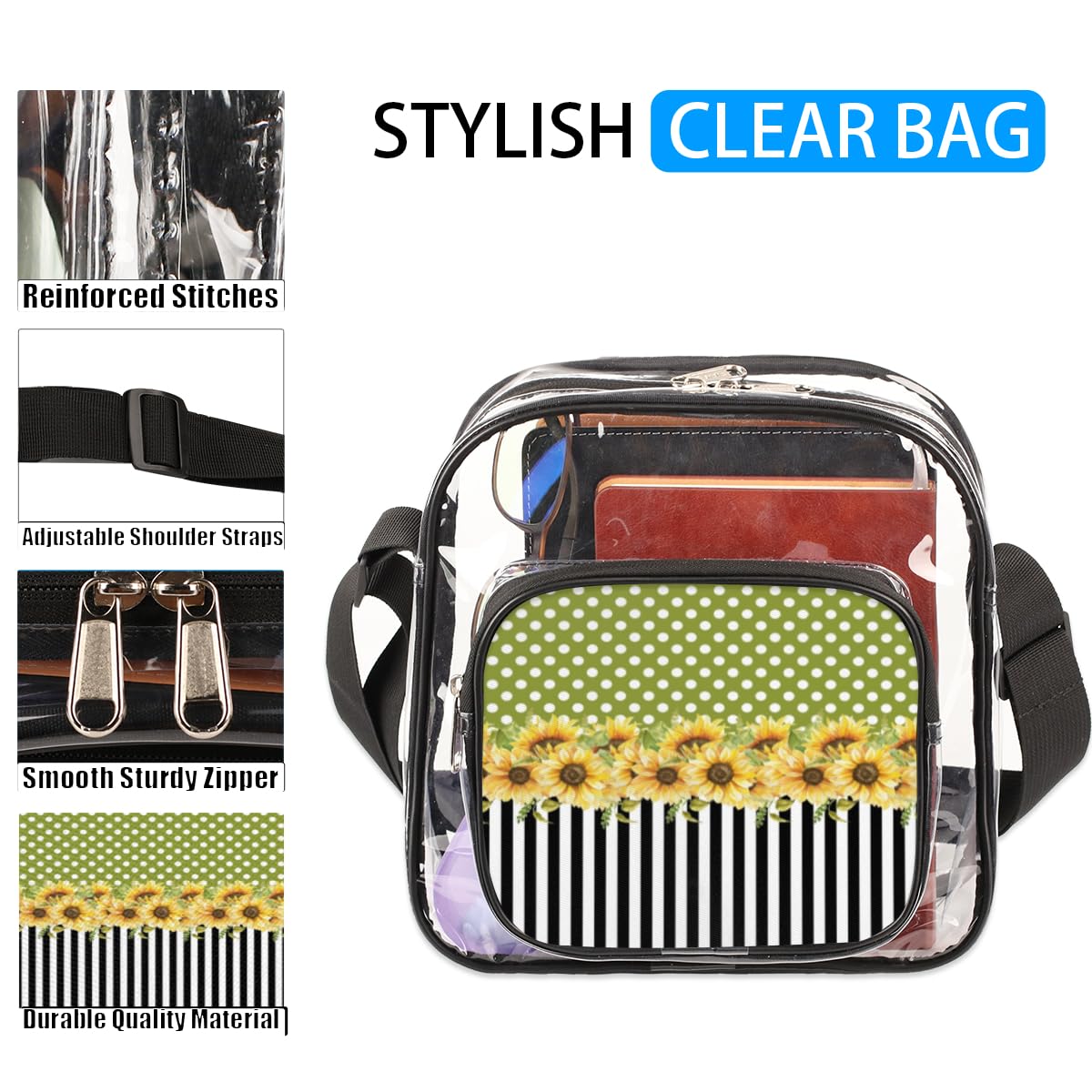 Mularoka Sunflower Dots Clear Crossbody Purse - Stadium Approved Transparent Bag for Women & Men - Perfect for Music Festivals, Sports Events, Concerts & Theme Parks - Trendy Striped Sunflower Design Small Shoulder Bag