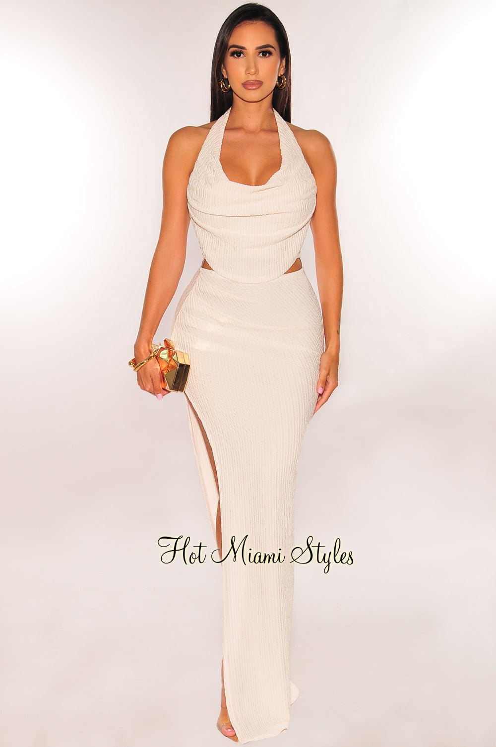 Elegant Cream Halter Cowl Neck Pleated Two Piece Skirt Set for Women - Summer Beach Party & Date Night Outfit