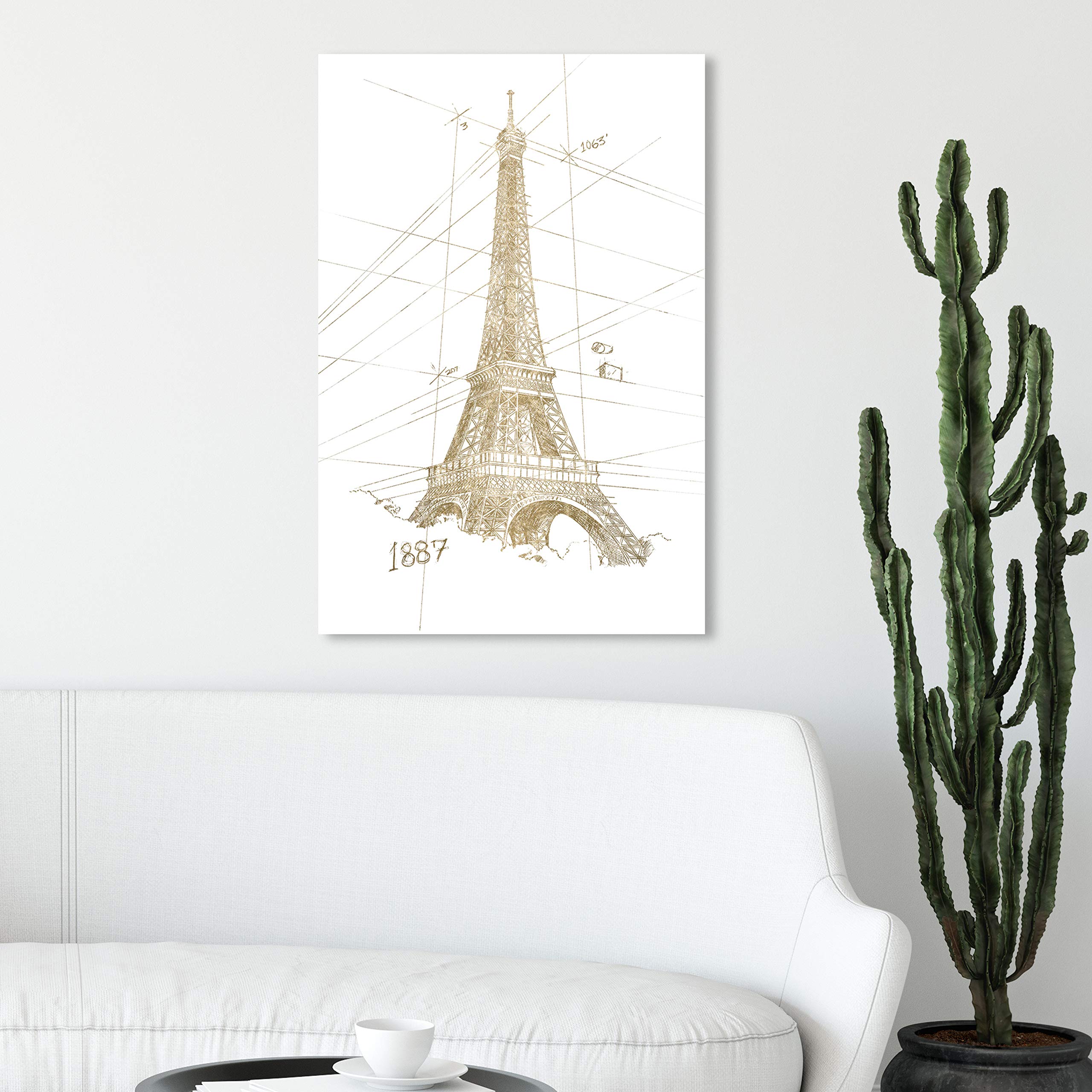 Golden Eiffel Tower Canvas Wall Art Print - 20x30 Inch Modern Architecture Home Decor - Premium Gold & White Framed Painting for Living Room, Bedroom, Office