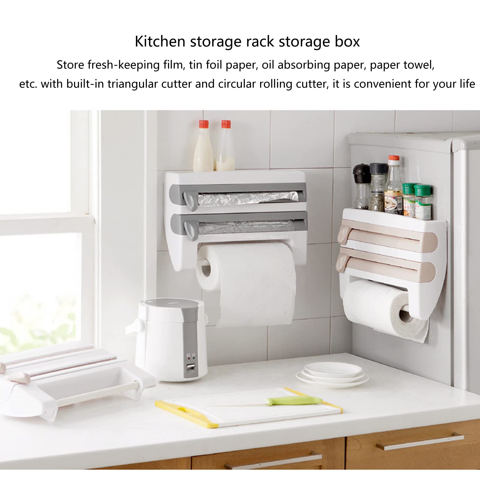 4-in-1 Wall Mount Paper Towel Holder with Aluminum Foil Dispenser & Plastic Wrap Cutter - Space Saving Kitchen Organizer for Paper Towels, Cling Film, Wax Paper & Foil - Perfect for Small Kitchens, RVs & Camping