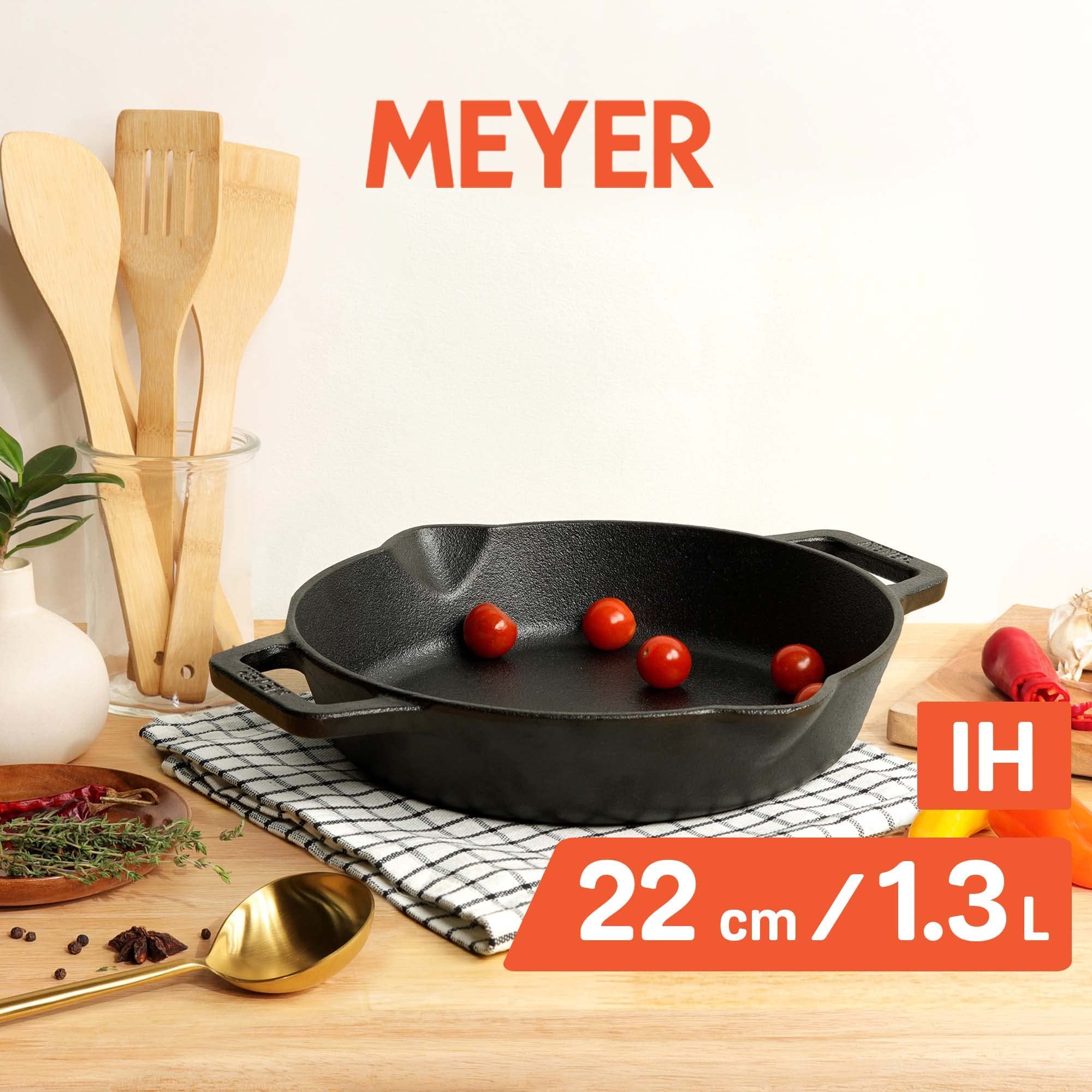 Premium Meyer Pre-Seasoned Cast Iron Skillet – 22cm (1.3L) Black Frying Pan with Dual Side Handles for Gas & Induction Stoves | Durable Cast Iron Cookware for Searing, Baking & Camping | Perfect for Steaks, Cornbread & Outdoor Cooking
