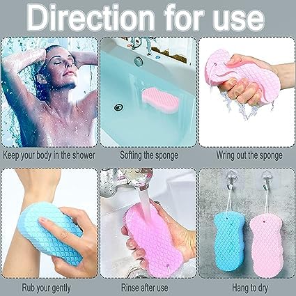 Hebezon 3D Exfoliating Body Scrubber - Super Soft Bath Sponge for Dead Skin Removal, Reusable Shower Sponge for Adults, Kids & Pregnancy Care | Pack of 2 | Perfect for Spa, Home & Travel Use