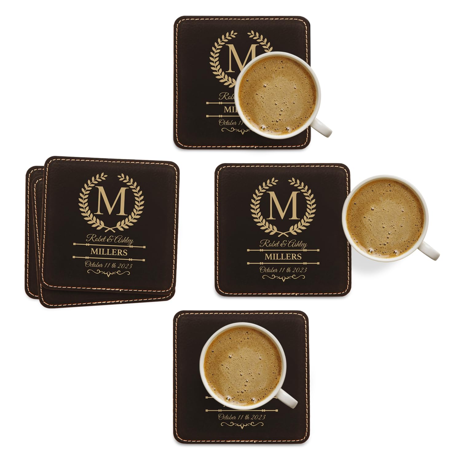 Custom Leather Coasters Set of 6 - Wedding & Anniversary Gifts for Couples - Bar & Home Decor