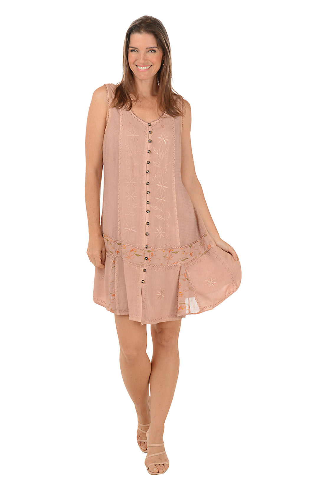 Stylish Sand Palm Embroidery Button Front Tank Dress for Women | Summer Beach Vacation Outfit | Casual Boho Chic Floral Sundress