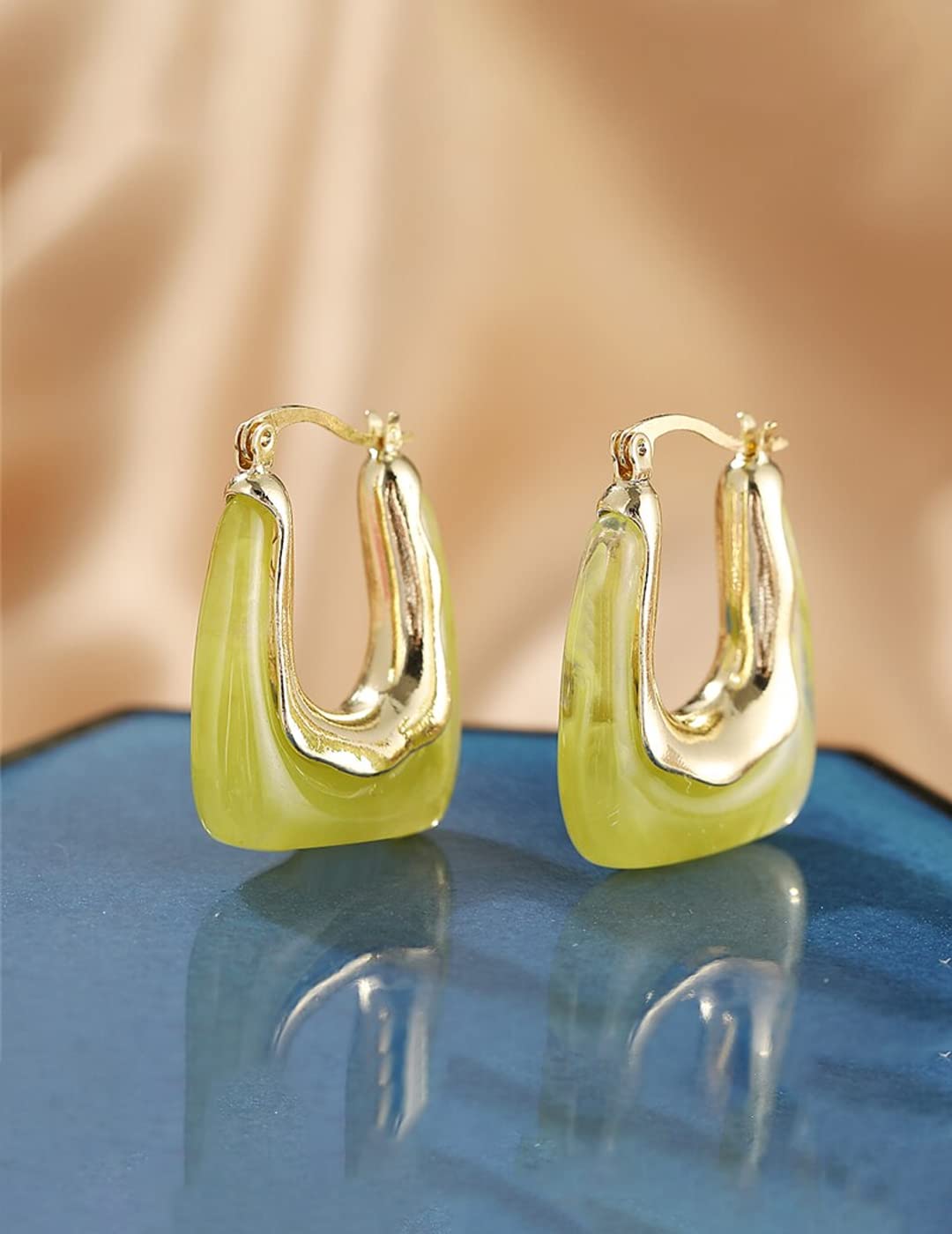 Fashionable Yellow and Green Hoop Earrings for Women - Gold Plated Geometric Bali Hinged Tube Hoops | Trendy Statement Jewelry for Girls & Women | Perfect Birthday, Anniversary Gift for Wife, Girlfriend, Mom | Great for Parties, Date Nights, Office Wear