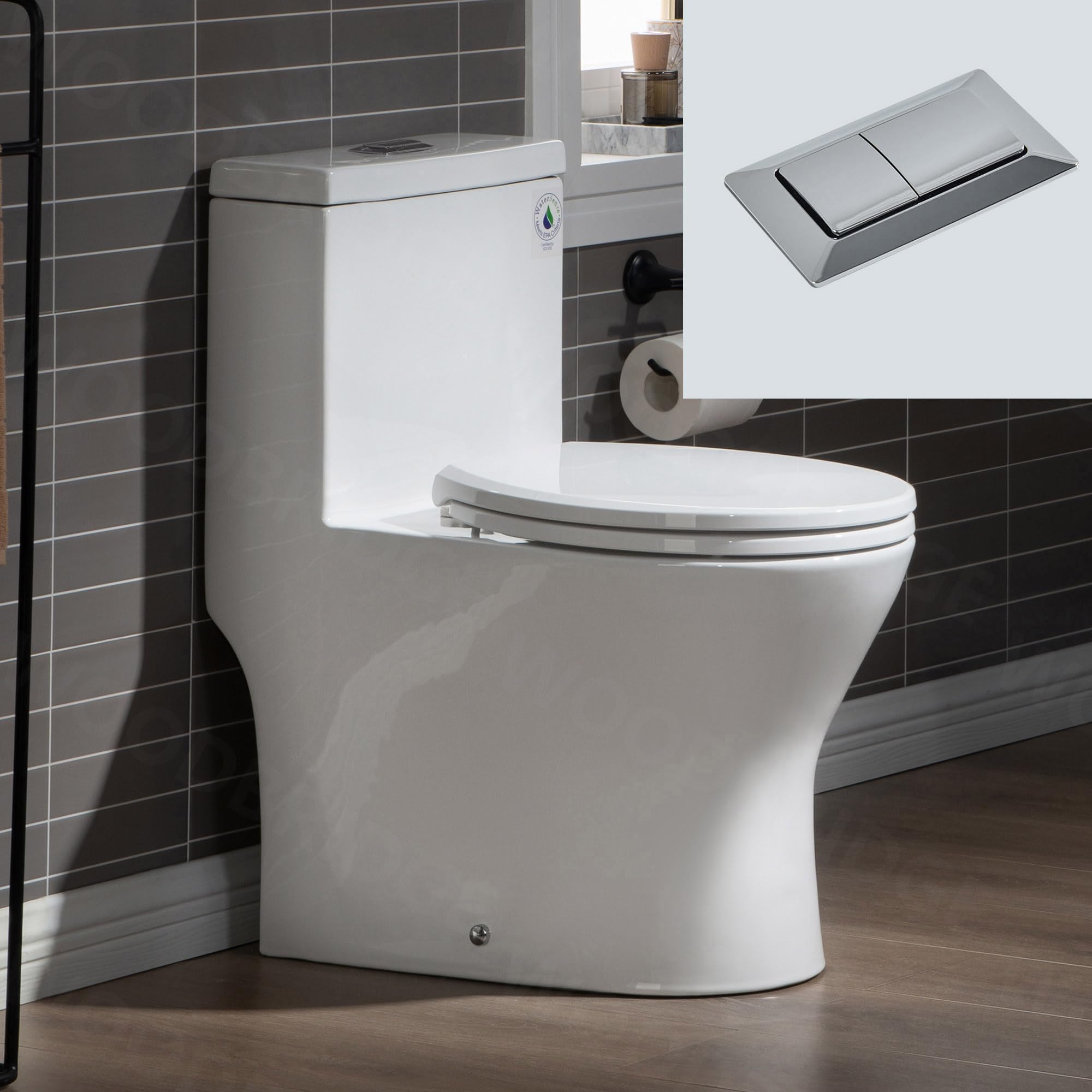 WOODBRIDGE Compact Dual Flush 1.28 GP One Piece Toilet with Soft Closing Seat - Small Bathroom Toilet with 1000g MaP Score & Chrome Button (B0500-CH, White) - Perfect for Tiny Bathrooms, Apartments & Space-Saving Solutions