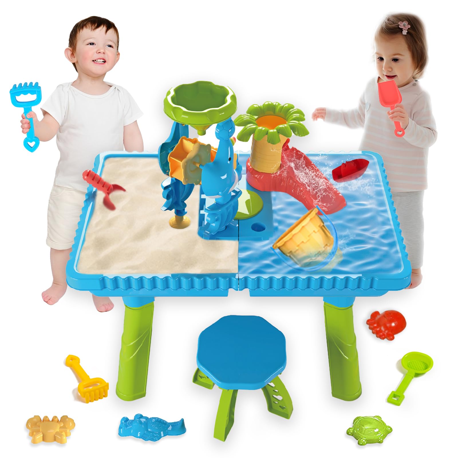 Best Water Table for Toddlers - Outdoor Beach Toys Set with Animal Molds, Chairs & Puzzle Hands-on Games - Perfect Summer Gift for Boys & Girls Ages 3-6 - Backyard, Pool & Beach Water Play Activities