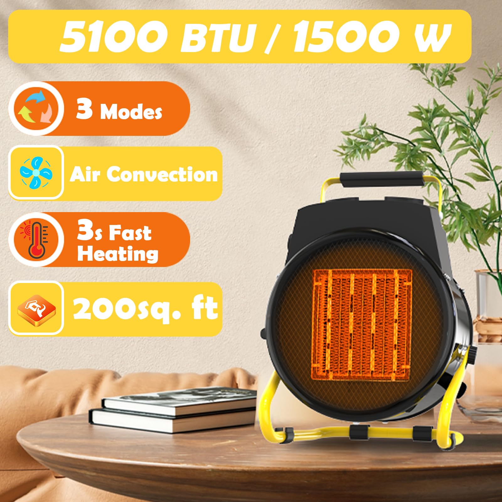 1500W Portable Outdoor Electric Heater for Patio, Garage & Greenhouse - Fast Heating in 3 Seconds with Overheat Protection & Non-Slip Cushion - Perfect for Winter Use in Bedroom, Workshop and Backyard Gatherings
