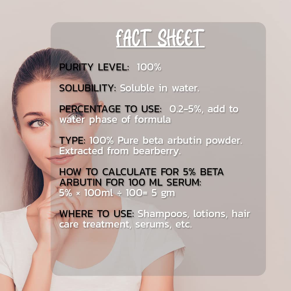 Hollywood Secrets Pure Beta Arbutin Powder 50g - Skin Brightening & Dark Spot Treatment for Face & Body - Perfect for Hyperpigmentation, Melasma & Uneven Skin Tone Care