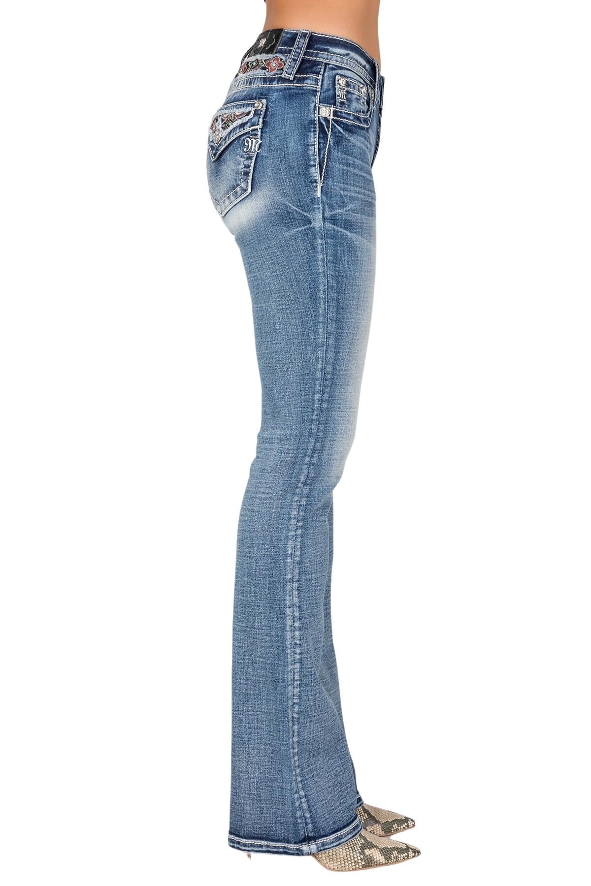 Miss Me Women's Mid-Rise Bootcut Jeans - Floral Embroidered Stretch Denim with Faux Flap Pockets | Comfortable & Stylish for Casual Wear, Office, and Night Out