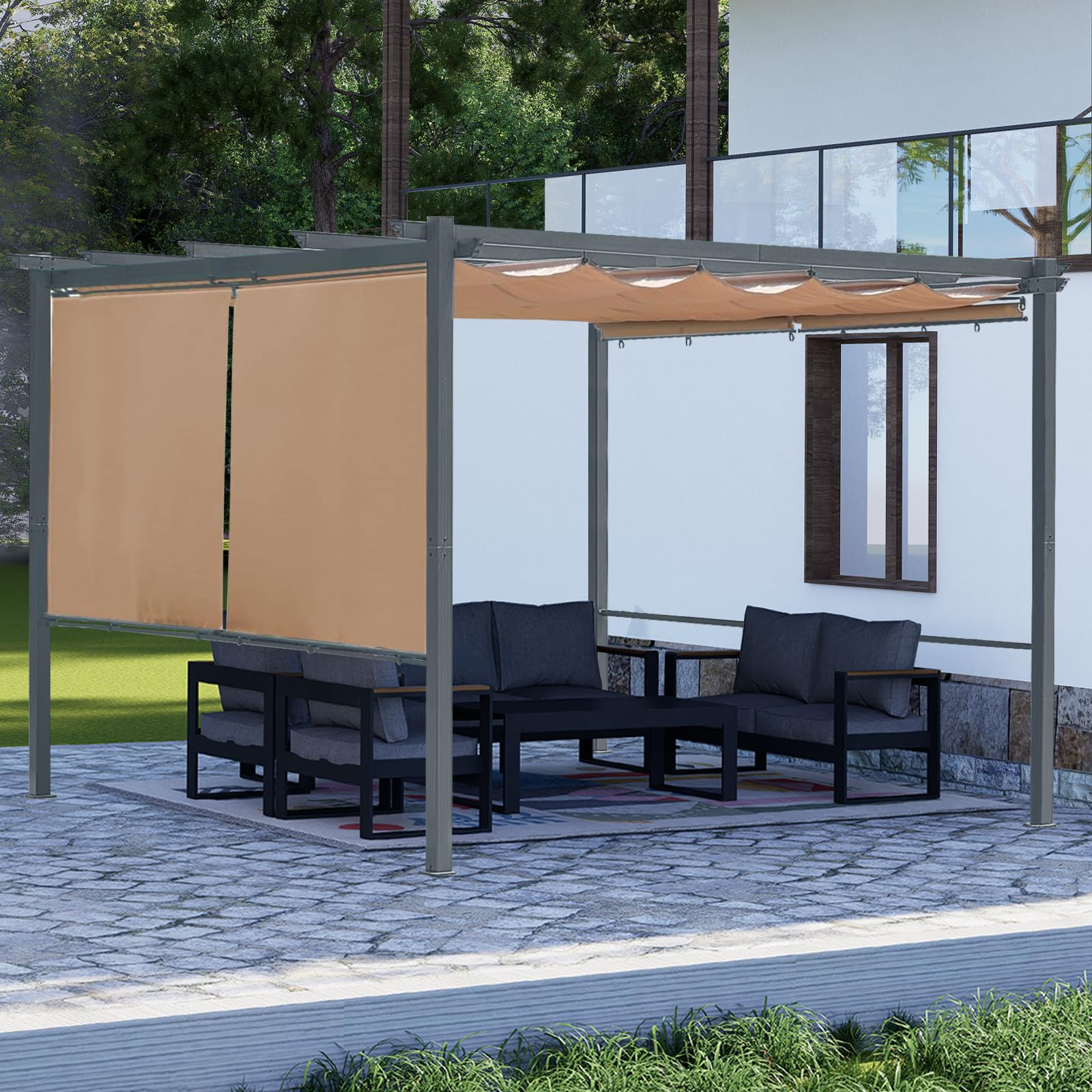 Aoodor 10x12ft Outdoor Pergola with Retractable Canopy - Matte Aluminum Frame & 4 Roller Shades - Grape Trellis Design for Patio, Backyard, Garden, Deck - Perfect for Outdoor Entertaining & Relaxation in Dark Brown