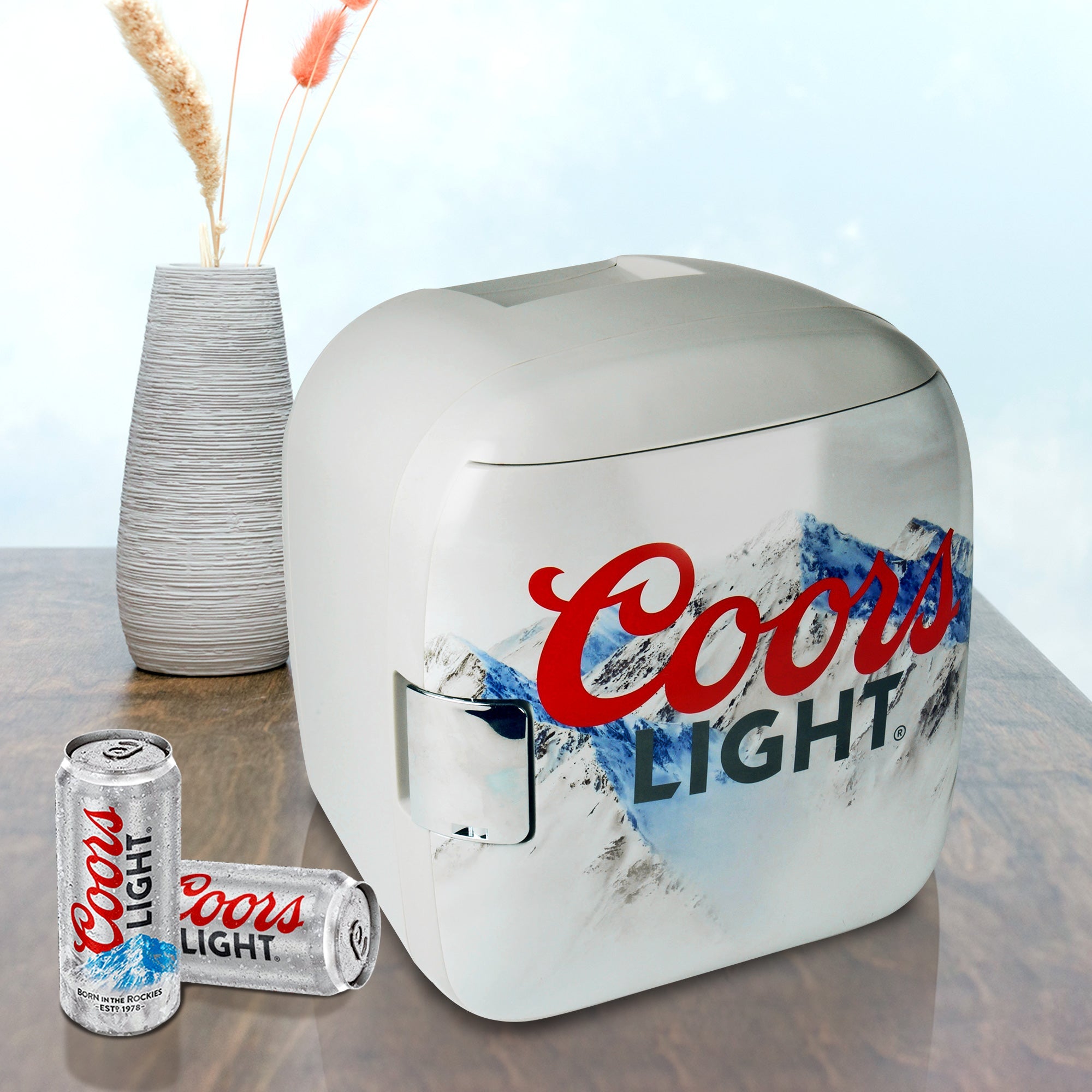 Coors Light 12 Can Portable Mini Fridge - 12V DC/110V AC Cooler & Warmer (7.9L/8.3 qt) - Compact Travel Fridge for Beer, Snacks, Lunch & Takeout - Includes 12V & AC Power Cords - Perfect for Home, Office, Dorm, Road Trips & Camping - Gray