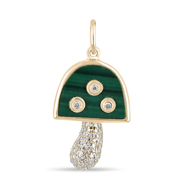 3.13tcw 14K Gold Natural Malachite & Diamond Mini Mushroom Pendant Necklace - Elegant Dainty Jewelry Gift for Women, Perfect for Everyday Wear, Parties & Special Occasions
