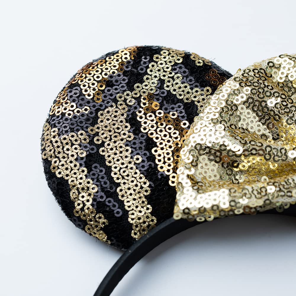 **Foeran Shiny Glitter Mouse Ears Headband with Bow - Leopard & Gold Princess Party Headpiece for Women & Girls | Costume Accessory for Cosplay, Disney Trips, Birthday Celebrations**