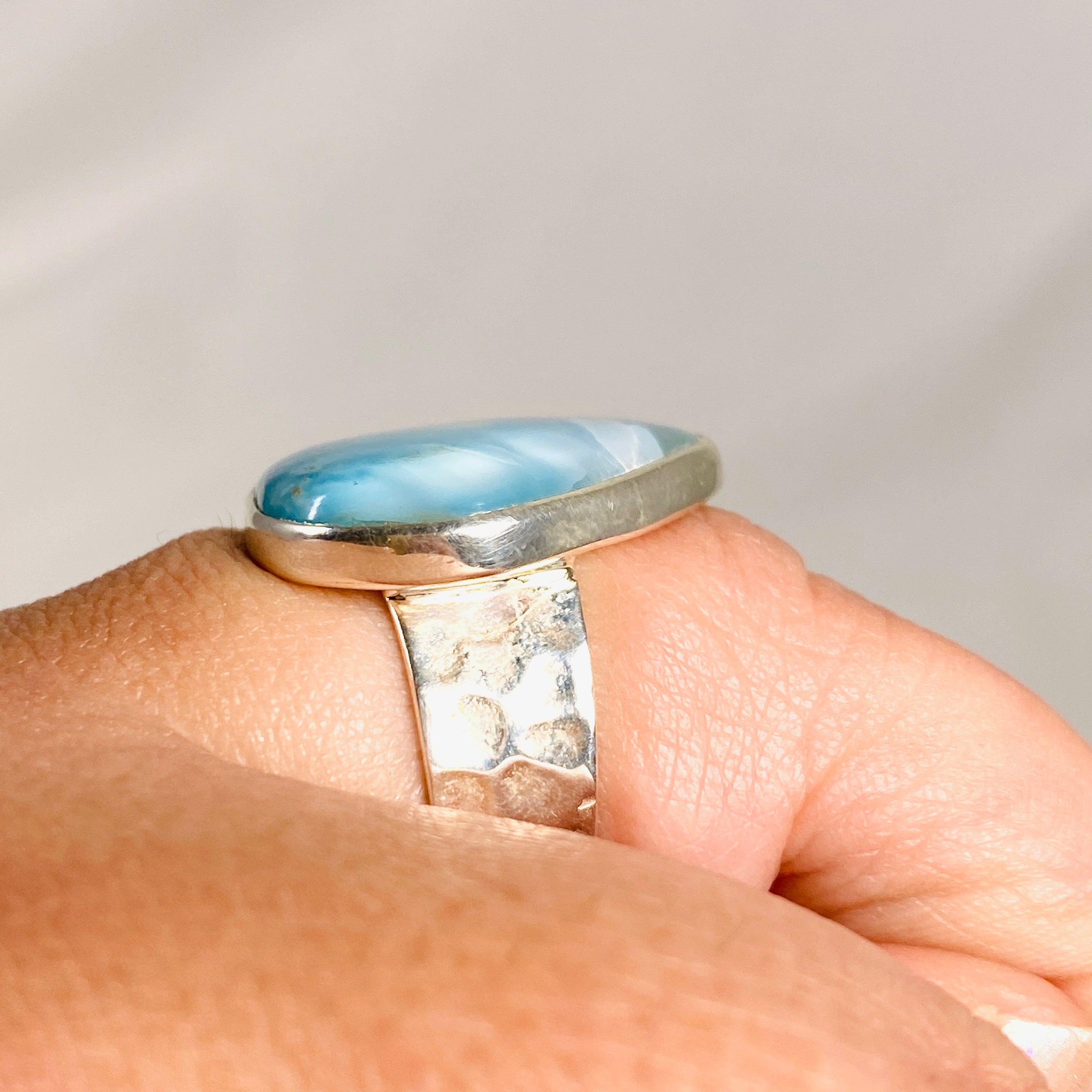 Larimar Triangular Ring with Hammered Band - Size 11 Sterling Silver Jewelry KRGJ3100 | Perfect for Boho Fashion, Beach Weddings & Unique Gift Giving