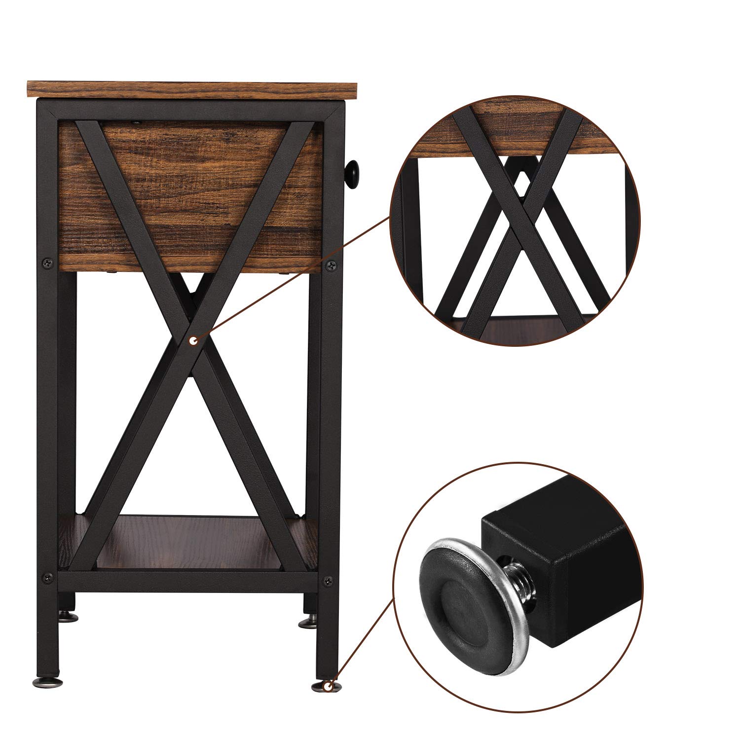 VECELO Modern Nightstand with Storage Shelf & Bin Drawer - Versatile X-Design End Table for Bedroom, Living Room | Space-Saving Organizer for Small Spaces | Brown & Black Finish