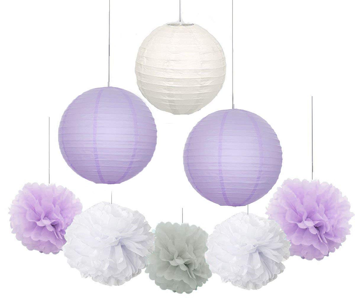 16-Piece White Lavender Grey Purple Tissue Paper Pom Poms & Lanterns - Elephant Baby Shower Decorations for Lavender Themed Party, Bridal Shower, Birthday Decor | Nursery, Wedding, Baby Shower Party Supplies