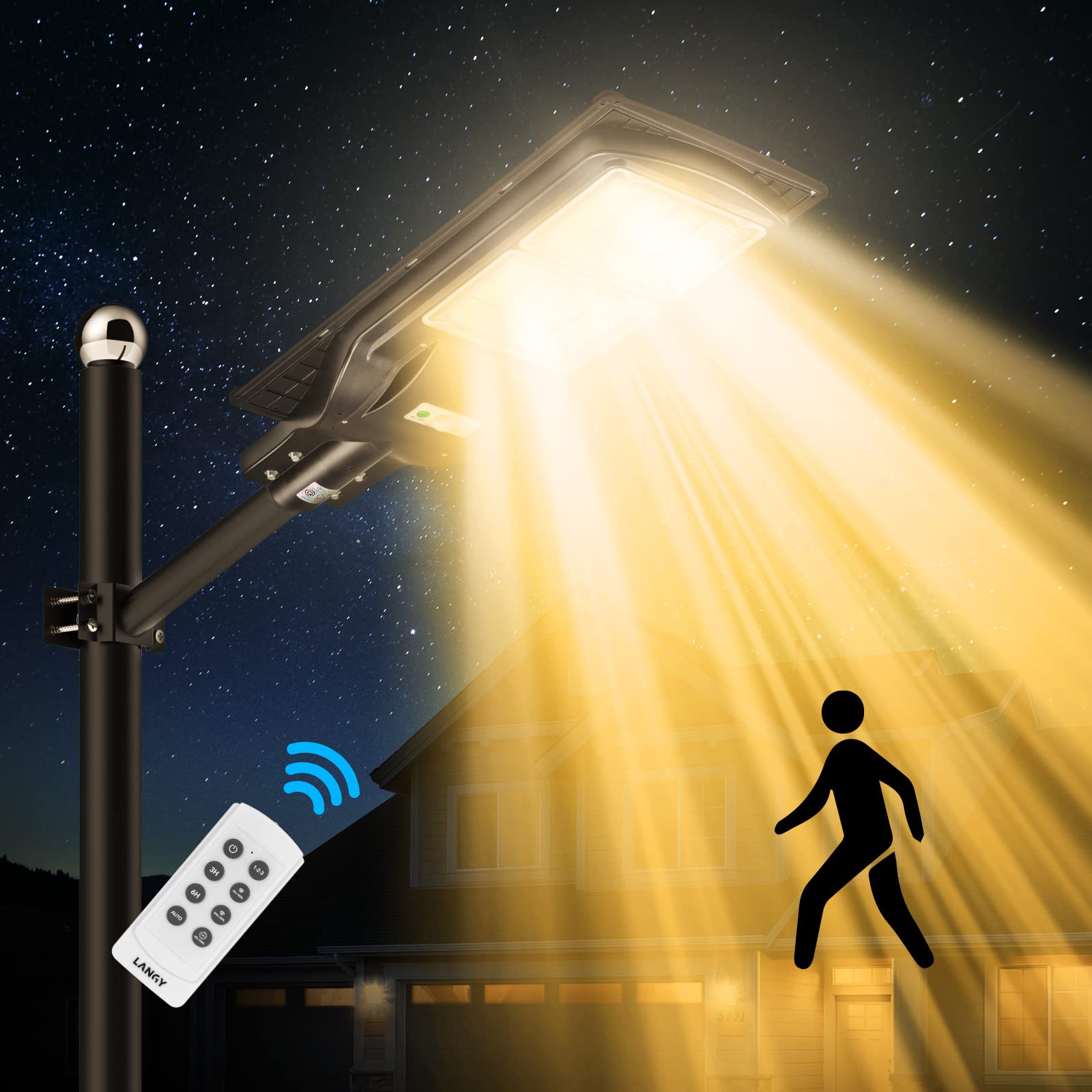 120W Solar Street Lights Outdoor - 240 LED Chips, 12000 Lumens, Motion Sensor & Dusk to Dawn, IP65 Waterproof with Remote Control - Perfect for Driveway, Garden, Barn, Sidewalk, Backyard and Pathway Lighting
