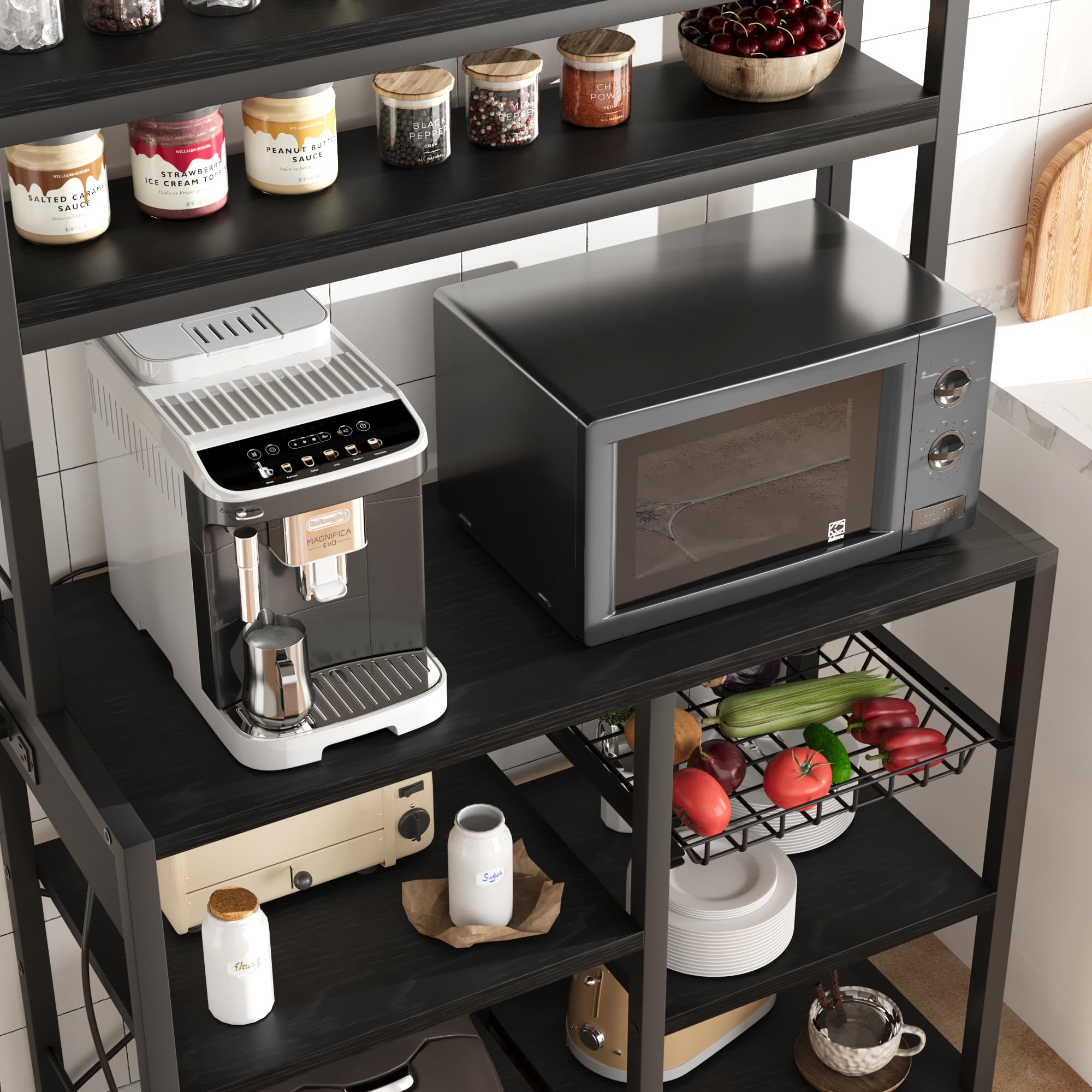 GAOMON 6-Tier Bakers Rack with Power Outlet & Wire Baskets - Freestanding Kitchen Storage Shelf for Microwave, Spices & Cookware - Retro Black Utility Shelf for Small Spaces & Apartment Living