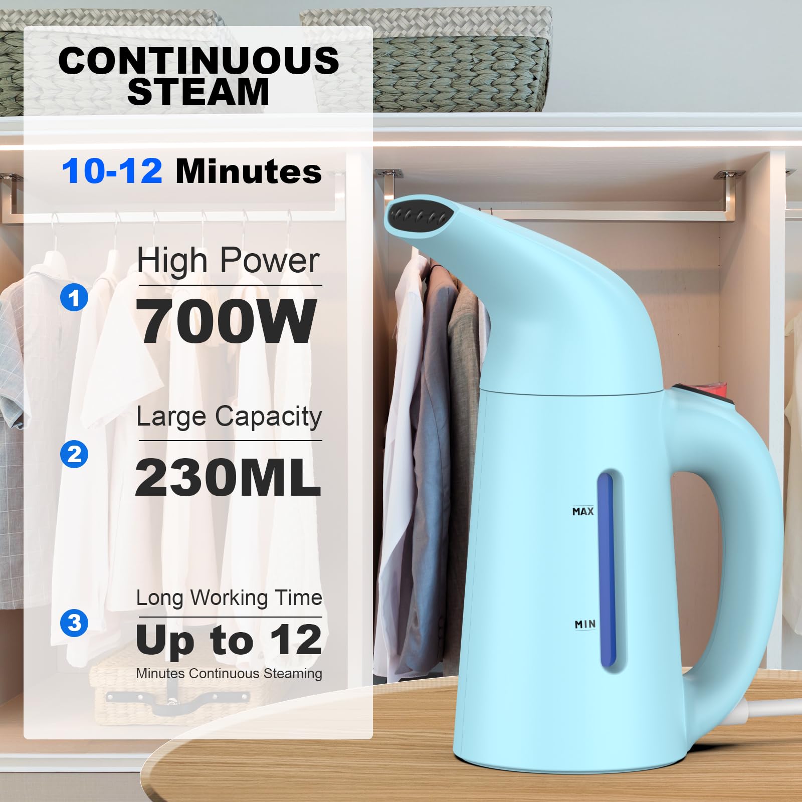 Portable Handheld Garment Steamer for Clothes - 180ml Water Tank, 12 Min Continuous Steam, Wrinkle Remover for All Fabrics - Perfect for Travel, Home & Office Use (Blue)