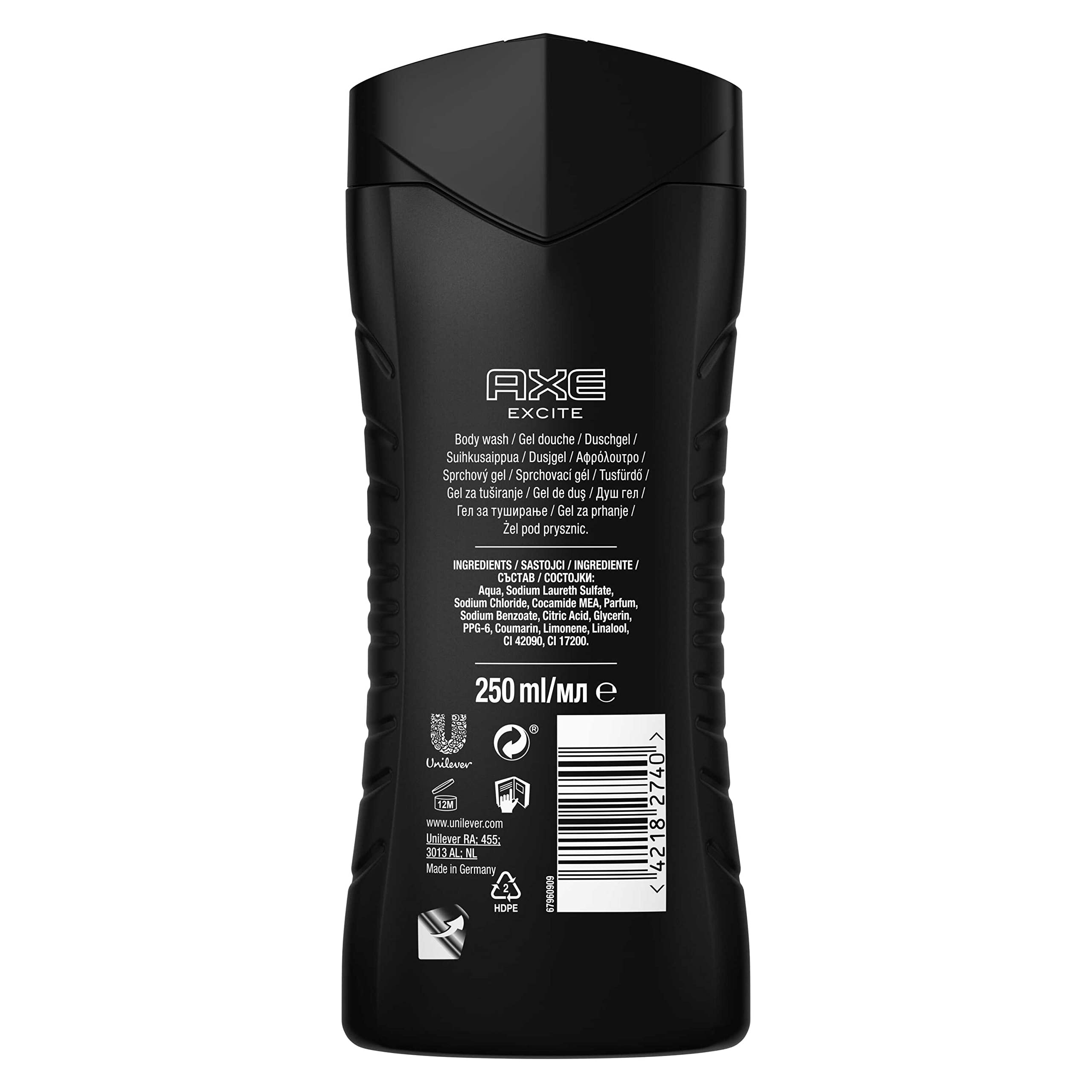 AXE Excite Body Wash for Men, 250ml - Energizing Shower Gel with Refreshing Scent, Hydrating Formula - Perfect for Morning Shower & Gym Post-Workout Refreshment