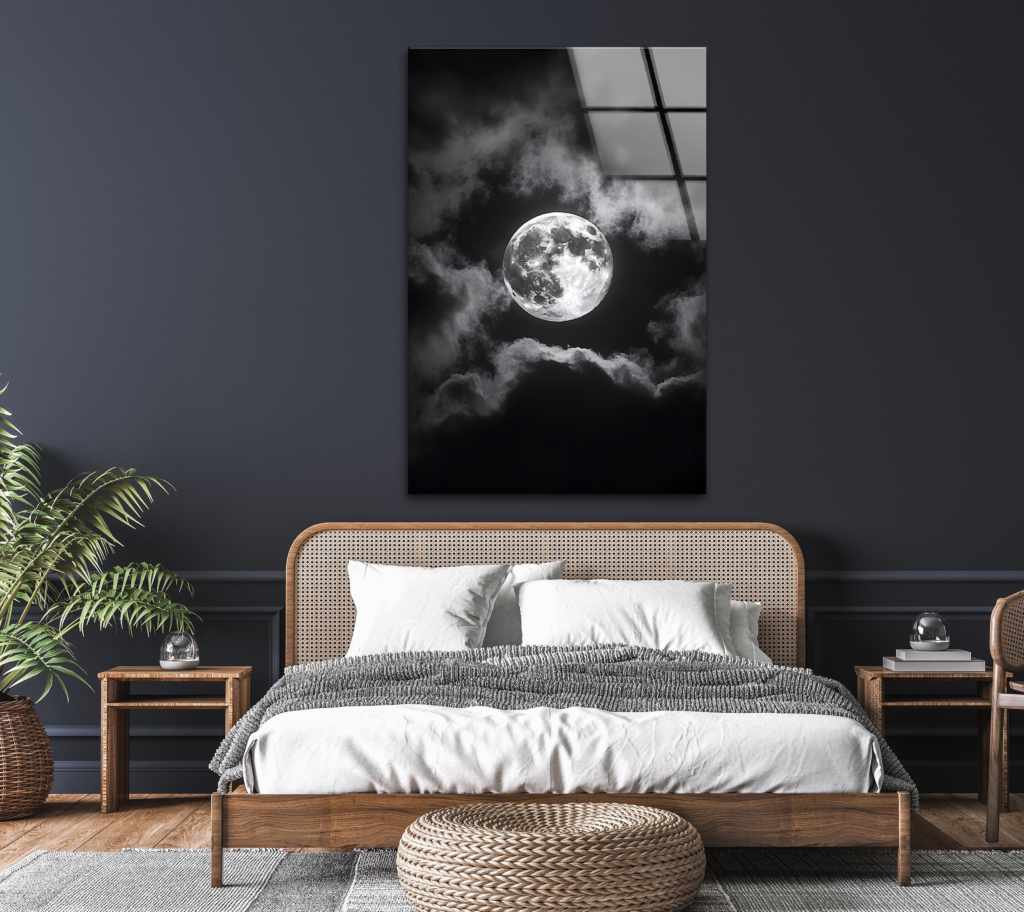 Black and White Moon Wall Art - Stunning Night Sky Scene Printed on Glass Canvas - Perfect for Living Room, Bedroom & Office Decor