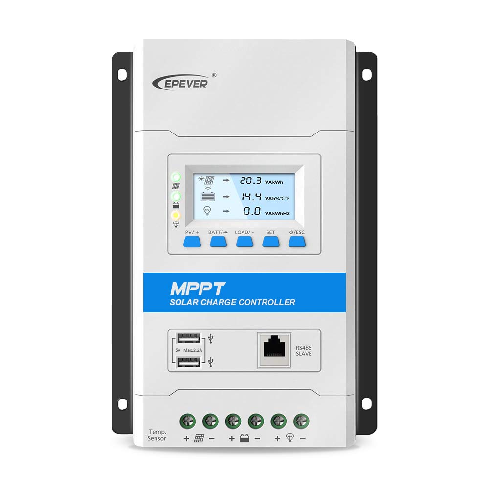 EPEVER 40A MPPT Solar Charge Controller 12V/24V Auto-Switch, 100V Max PV Input - LED/LCD Display with Dual USB Ports for Solar Panels, RV, Boats & Off-Grid Power Systems