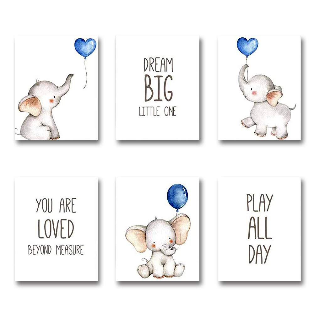 iMagitek Set of 6 Blue Elephant Nursery Wall Art Prints - Unframed Baby Boy Room Decor with Balloons (8