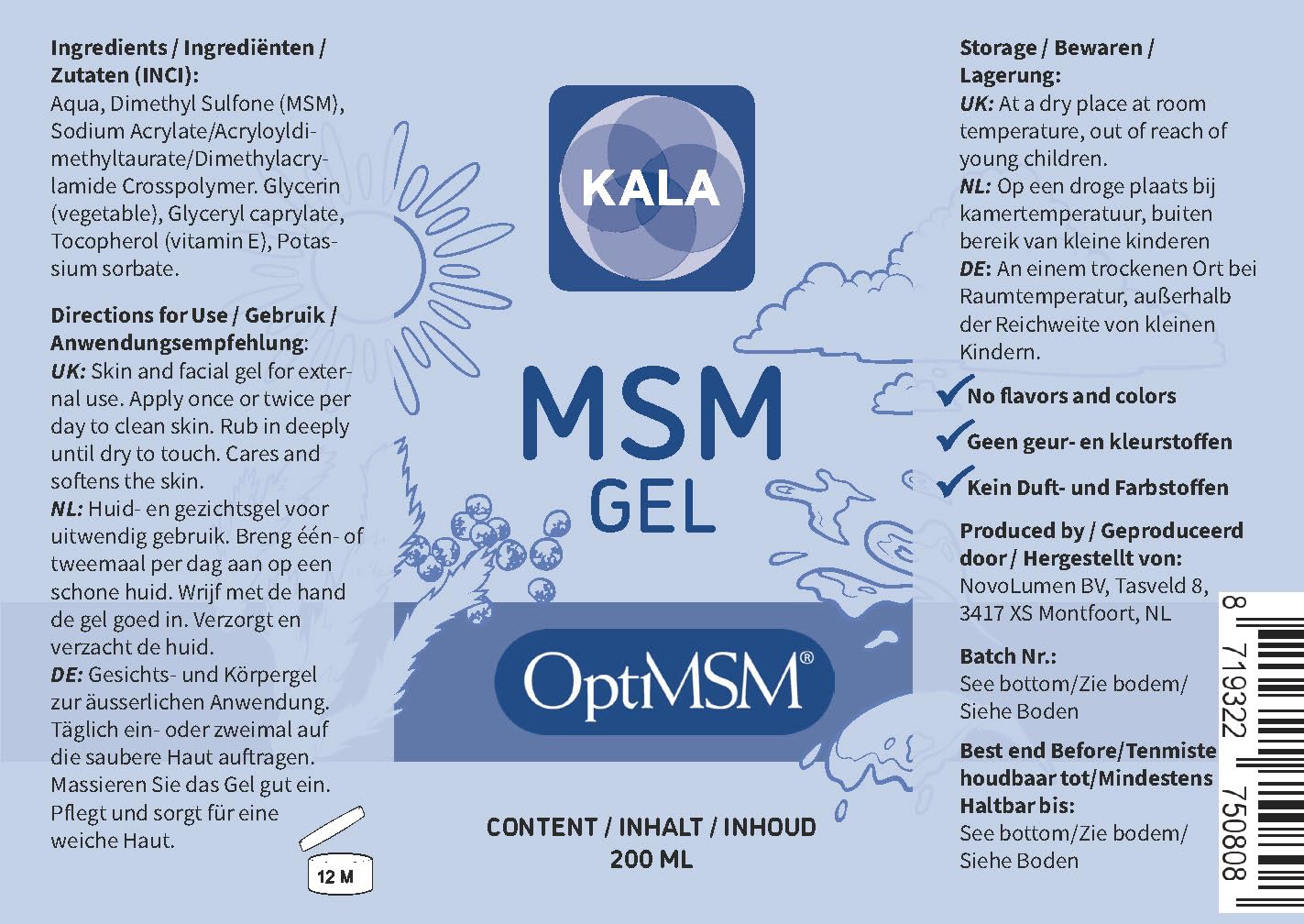 Kala MSM Skin & Facial Gel Lotion - 200ml Pure OptiMSM Gel for Skin Care & Topical Use | Hydrates, Soothes & Repairs Dry Skin - Perfect for Daily Facial Moisturizer & Body Lotion