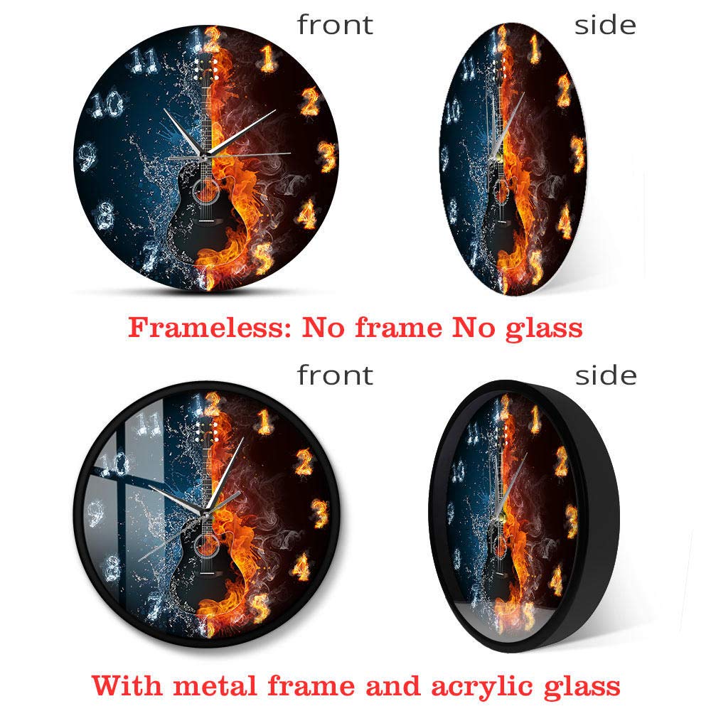 Half Water Half Fire Acoustic Electric Guitar Wall Clock - Unique Musical Instrument Decor for Guitar Players - Metal Frame Wall Art - Perfect for Music Room, Studio & Guitar Lover Gifts