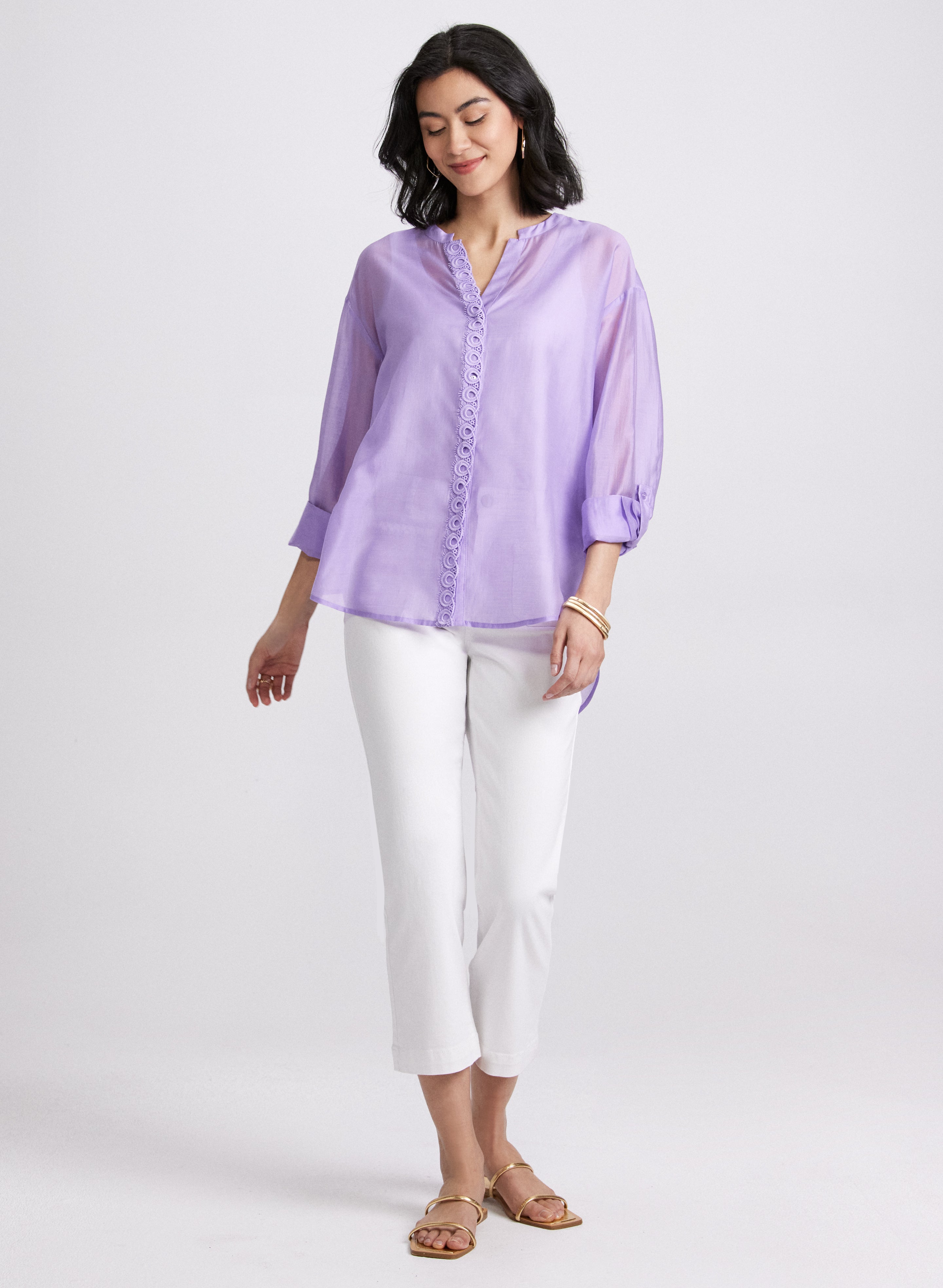 Embroidered Trim Blouse for Women - Elegant Floral Lace Top with V-Neck - Perfect for Office, Party & Date Night Outfits