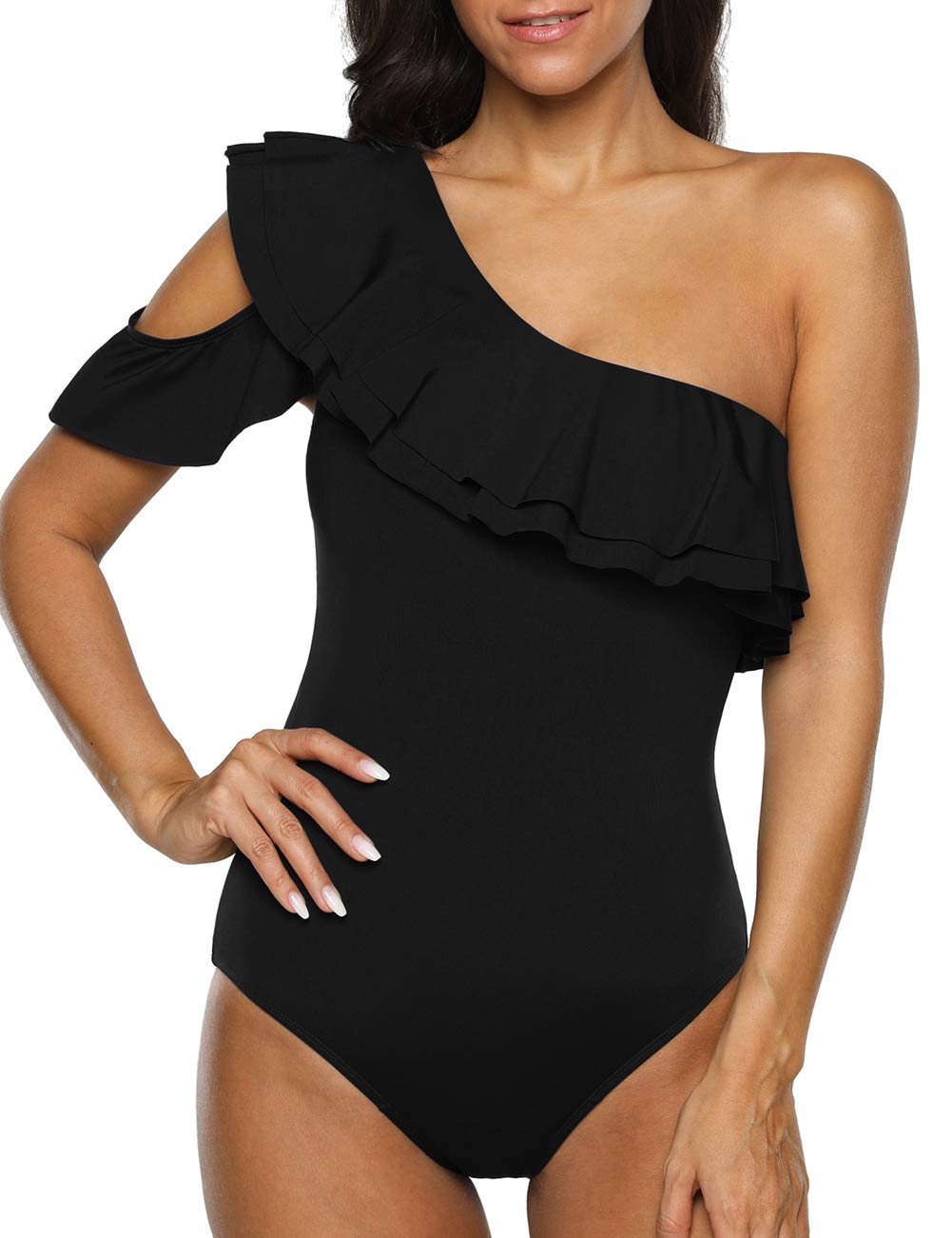 Hilor Women's One Shoulder Asymmetric One Piece Swimsuit with Ruffles - Sexy Bathing Suit for Beach, Pool Party & Summer Vacation