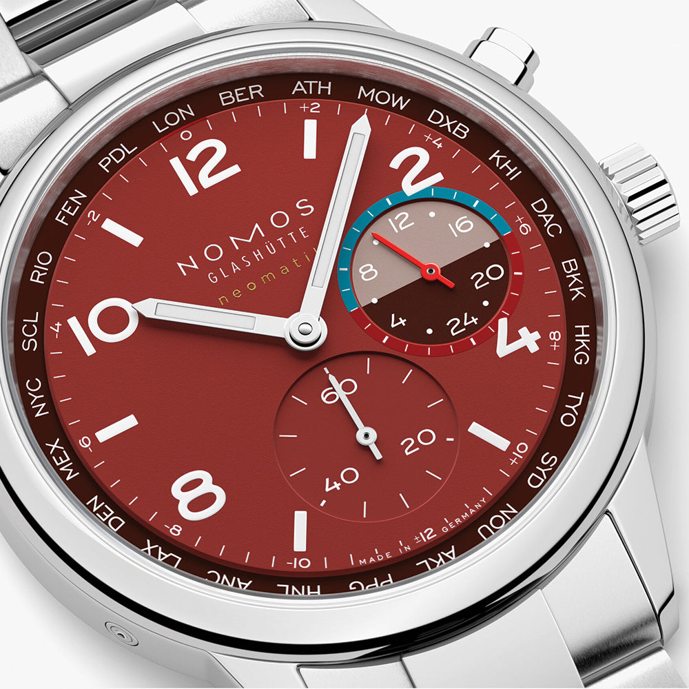 NOMOS Club Sport Neomatik Worldtimer Limited Edition 40mm Watch with Magma Dial & Stainless Steel Bracelet - Perfect for Travelers and Luxury Watch Collectors