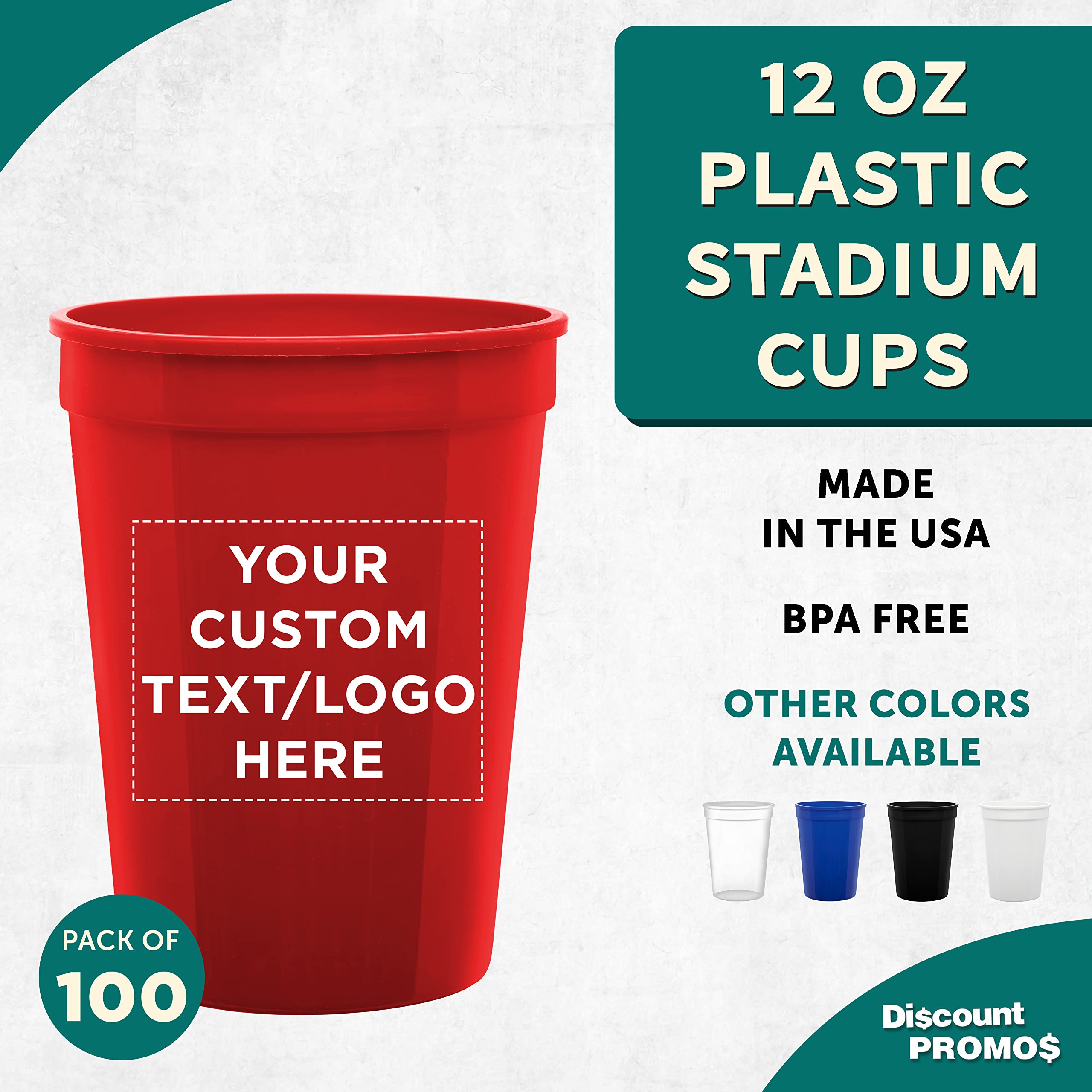 Custom Printed 12 oz Disposable Plastic Cups - Bulk Pack of 100 Personalized Party Cups for Summer, Sports Events, Birthdays, Weddings & Picnics - Durable Red Plastic Drinkware for Beach Parties, BBQs and Outdoor Gatherings