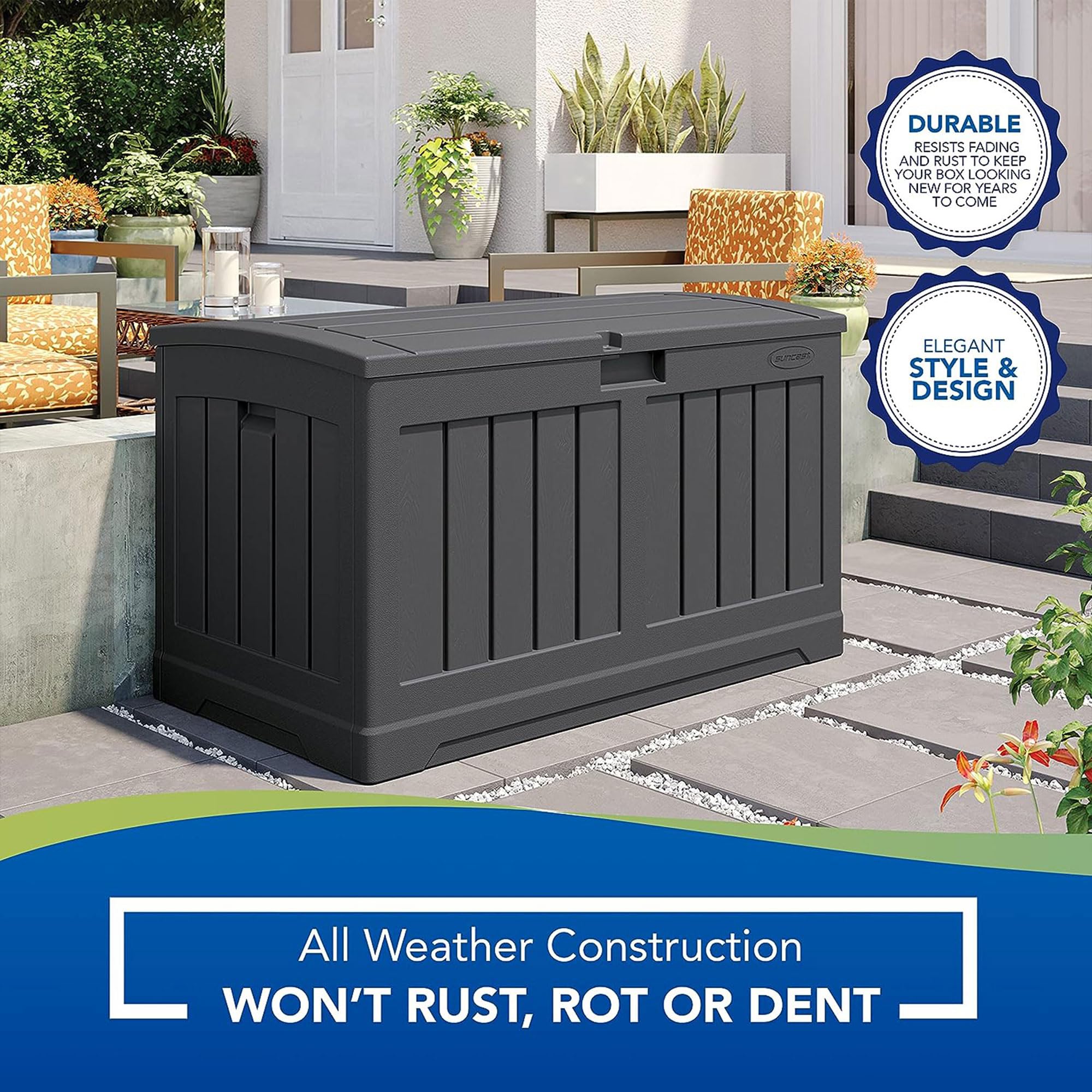 Suncast 50 Gallon All-Weather Resin Outdoor Storage Deck Box with Arched Lid - Medium Capacity Patio, Garden & Pool Storage Solution - Durable Peppercorn Design for Backyard, Deck or Poolside Organization
