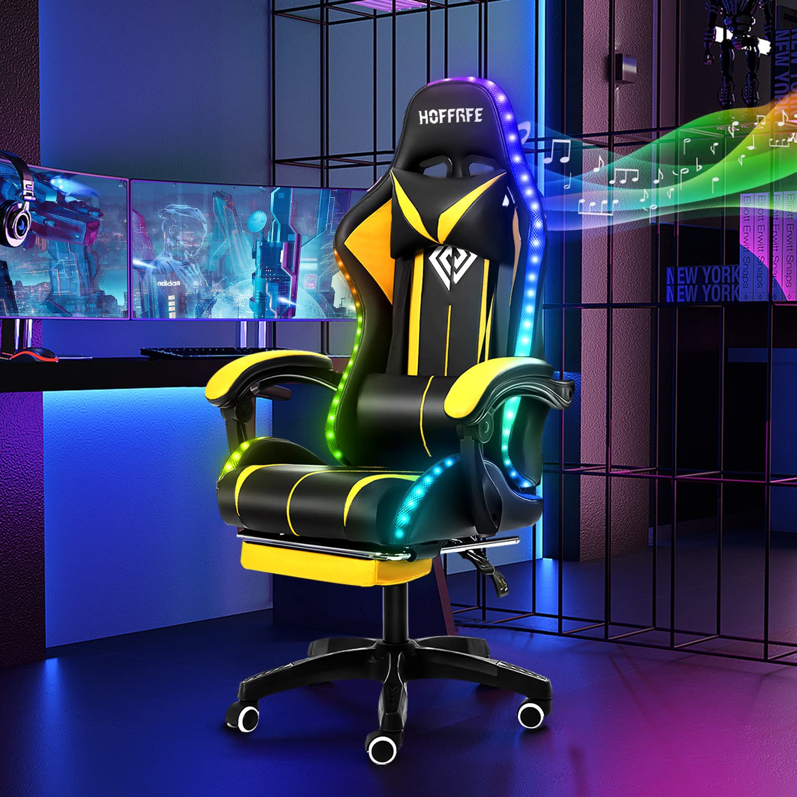 Ergonomic Gaming Chair with Bluetooth Speakers, RGB LED Lights & Massage - High Back Computer Chair with Adjustable Footrest & Lumbar Support (Yellow/Black) - Perfect for Esports, Streaming & Home Office Setup