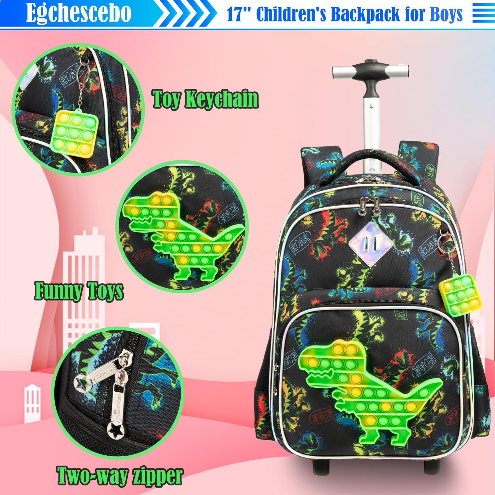 Egchescebo Rolling Backpack for Girls - Lightweight Wheeled School Backpack with Telescopic Handle, Durable Kids Travel Luggage for School, College, Travel & Daily Use