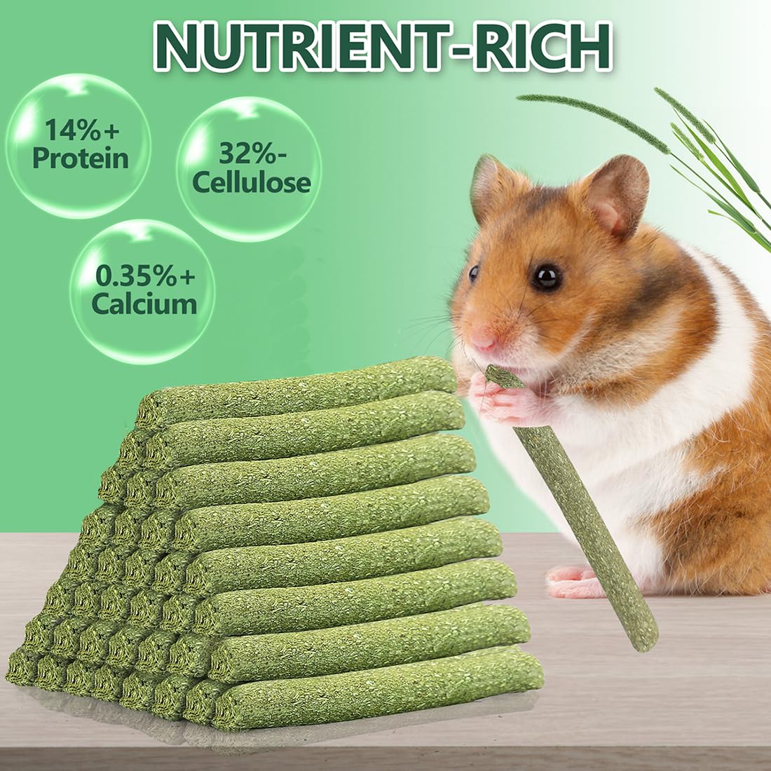 Timothy Hay Sticks for Rabbits - 40Pcs Natural Chew Toys for Guinea Pigs, Hamsters, Chinchillas, Rats & Small Animals | Handmade Dental Treats for Healthy Teeth | Perfect for Cage Enrichment & Playtime