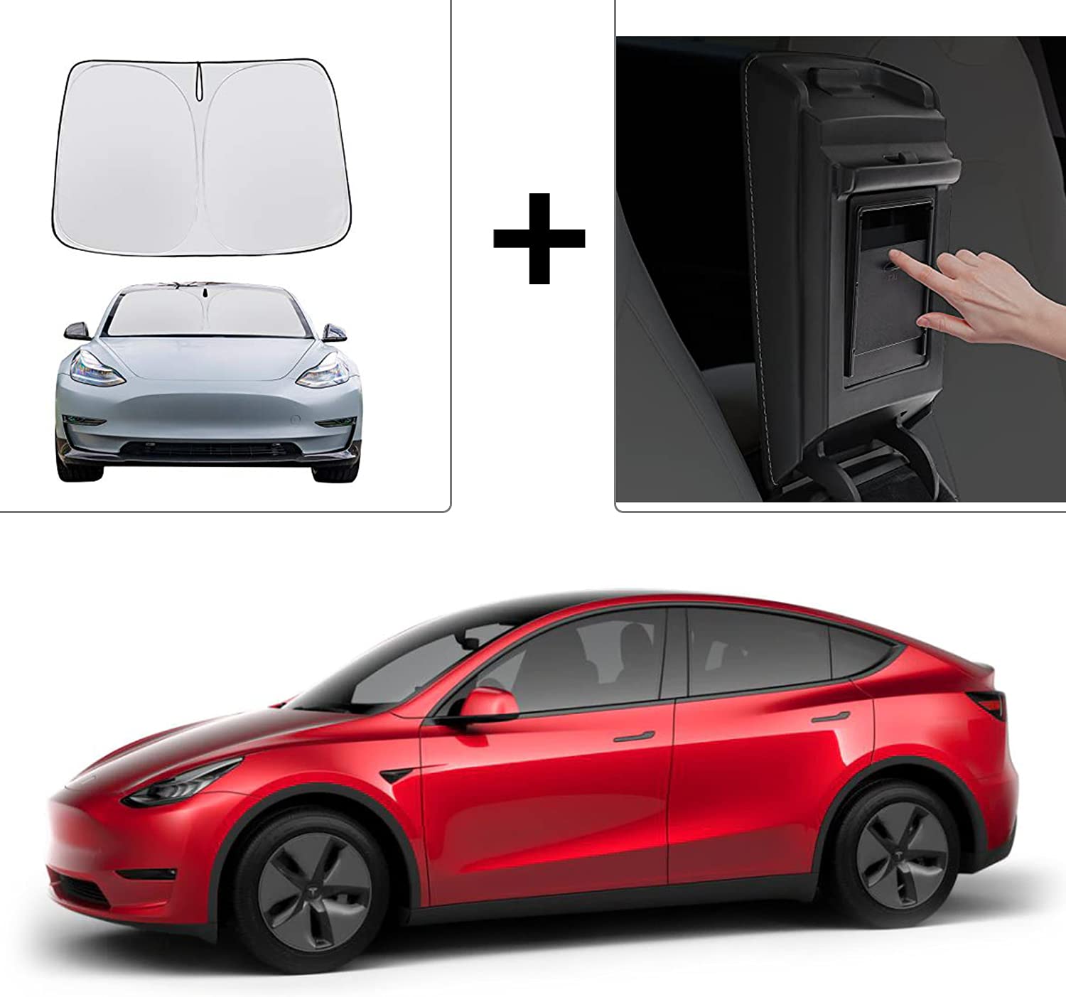 Tesla Model Y & Model 3 Windshield Sunshade & Armrest Hidden Storage Box - Car Accessories for Sun Protection & Interior Organization