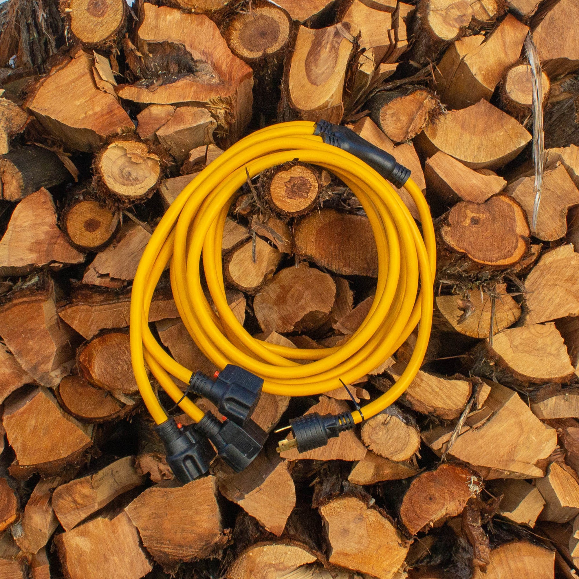 25ft Heavy Duty L5-30P to (3) 5-20R Power Cord with Storage Strap | 30 Amp Extension Cord for RV, Camper & Outdoor Events | Weatherproof & Durable Power Distribution Cable