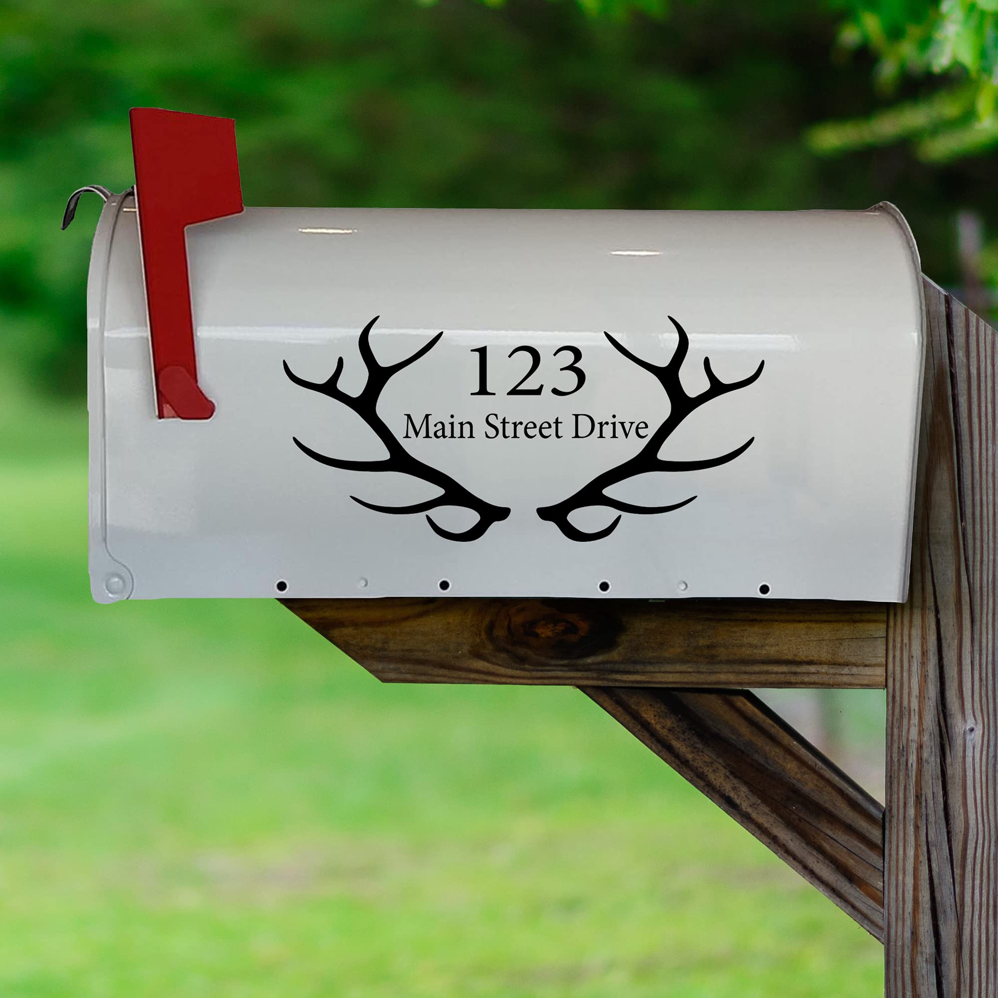 VWAQ Custom Home Address Vinyl Stickers - Antlers Mailbox Decal Set of 2 (Black, CMB27) for Mailbox Decoration & House Number Sign