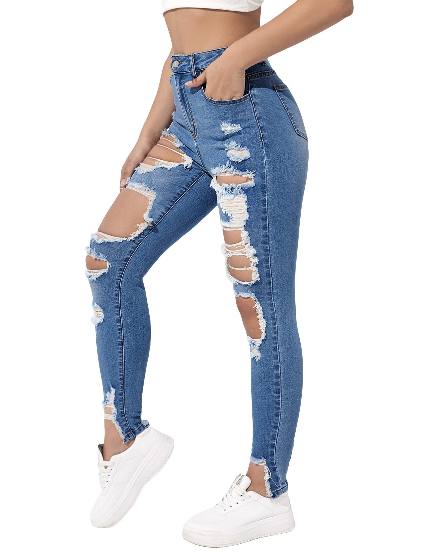 WDIRARA Women's High Waisted Ripped Raw Hem Skinny Jeans - Distressed Denim Pants with Cut Out Details for Casual Outfits & Street Style Fashion
