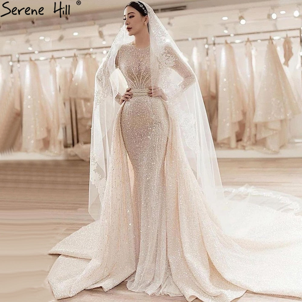 Luxury Muslim Ivory Wedding Dress with Train 2025 - Elegant Beaded Mermaid Bridal Gown HA2478 | Custom Made for Bride | Perfect for Beach, Church, and Formal Wedding Ceremonies