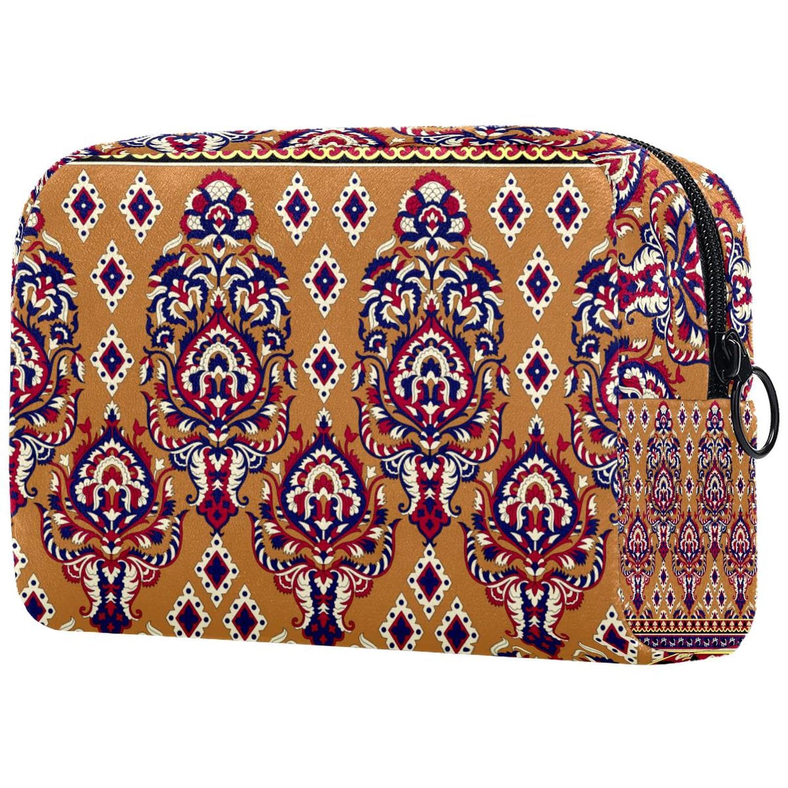 Large Cosmetic Bag for Women - Indian Motif Travel Makeup Pouch with Zipper | Waterproof Toiletry Organizer for Vacation, Gym & Daily Use