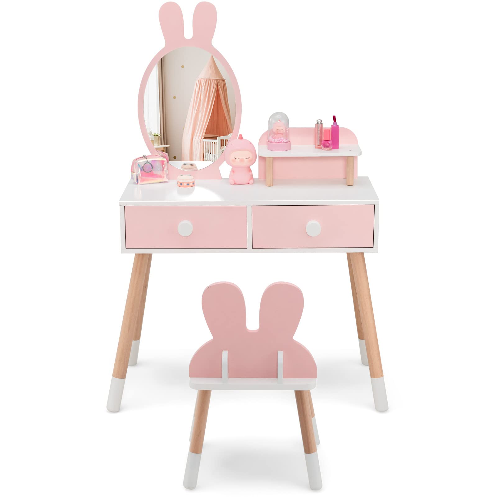 HONEY JOY Kids Vanity Set - Rabbit Themed Wooden Makeup Table & Chair with 2 Large Drawers, Beech Wood Legs, Princess Dressing Beauty Table for Girls - Pink Vanity with Mirror & Stool | Perfect for Bedroom Decor, Birthday Gifts & Pretend Play