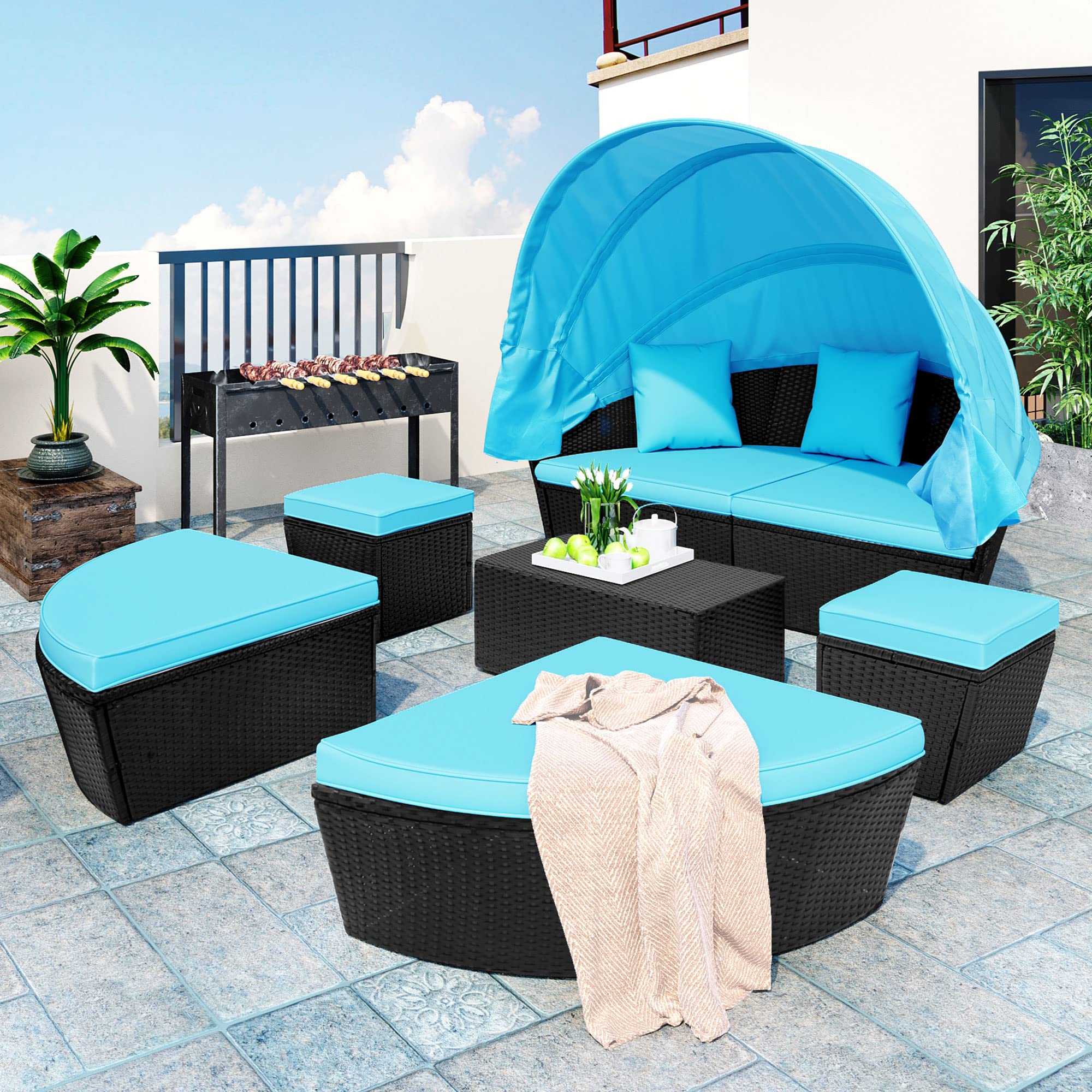 Premium 6-Piece Patio Furniture Set - All-Weather Rattan Round Daybed with Retractable Canopy & Removable Cushions - Outdoor Wicker Conversation Sofa Set - Blue | Perfect for Poolside Lounging, Garden Relaxation & Backyard Entertaining